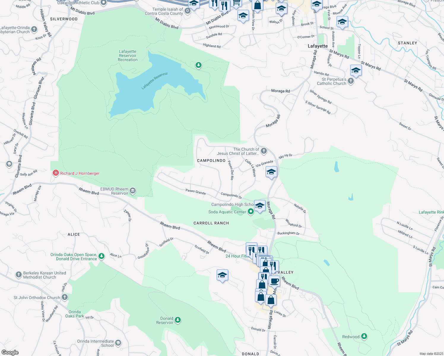 map of restaurants, bars, coffee shops, grocery stores, and more near 363 Calle La Montana in Moraga
