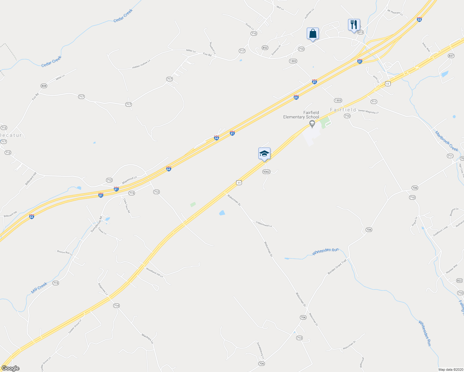 map of restaurants, bars, coffee shops, grocery stores, and more near Lee Highway in Fairfield