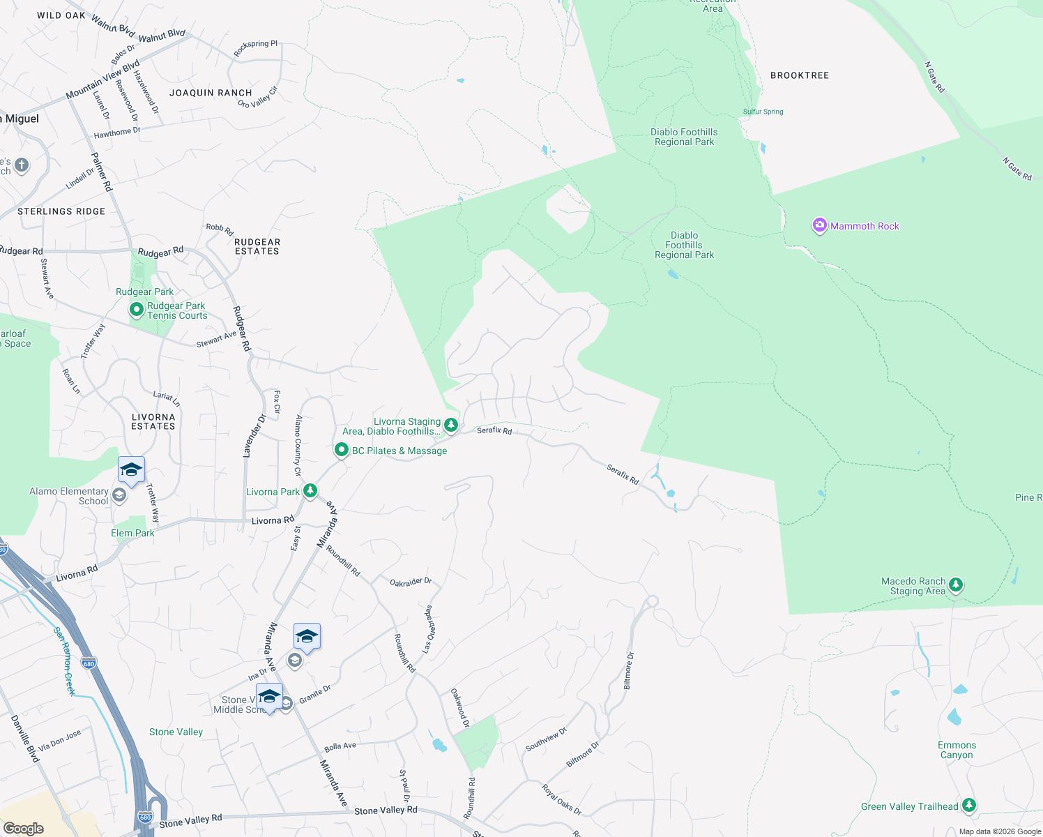 map of restaurants, bars, coffee shops, grocery stores, and more near 59 Camelot Court in Alamo