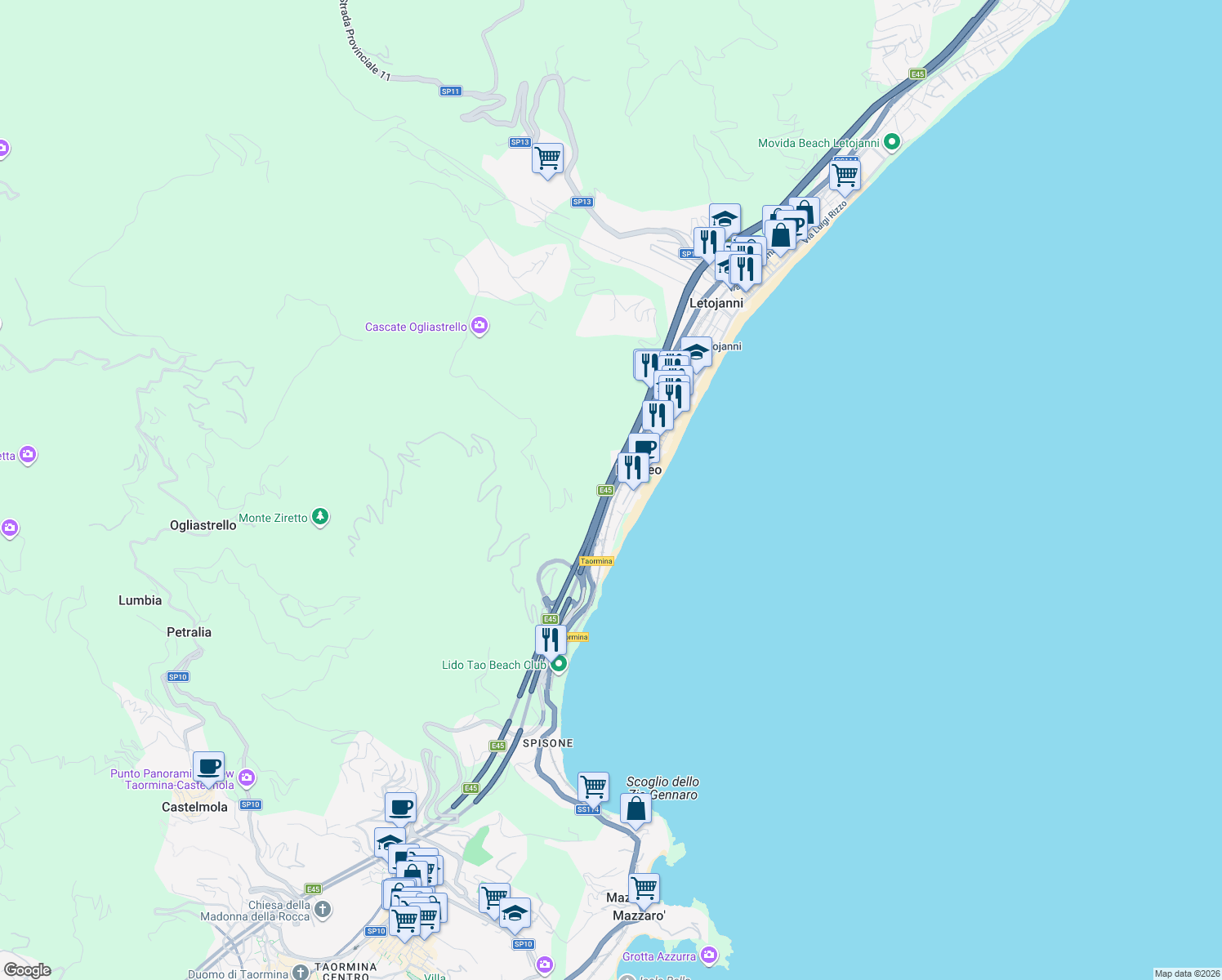 map of restaurants, bars, coffee shops, grocery stores, and more near 203 Via Nazionale in Mazzeo