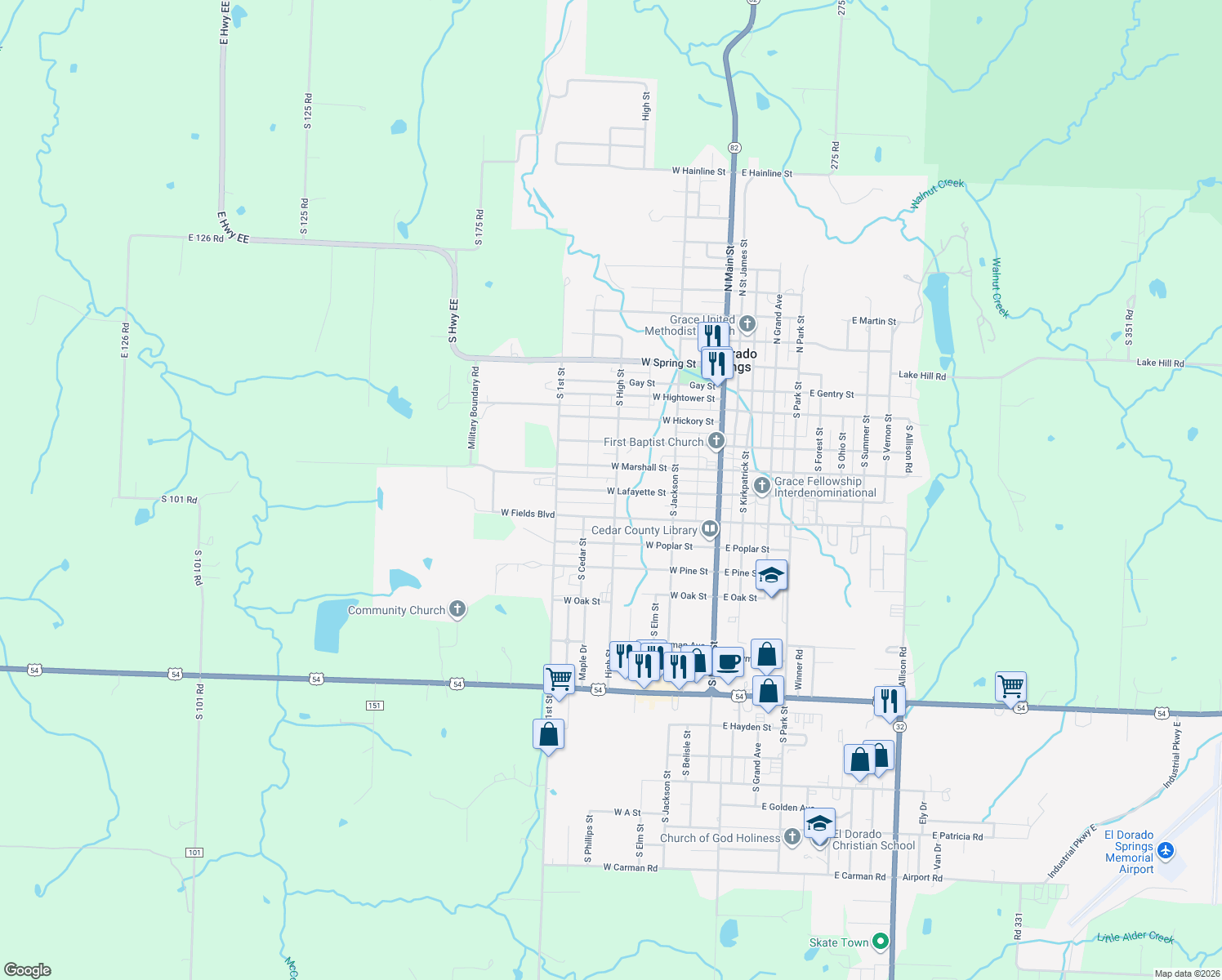 map of restaurants, bars, coffee shops, grocery stores, and more near 309 West Lafayette Street in El Dorado Springs