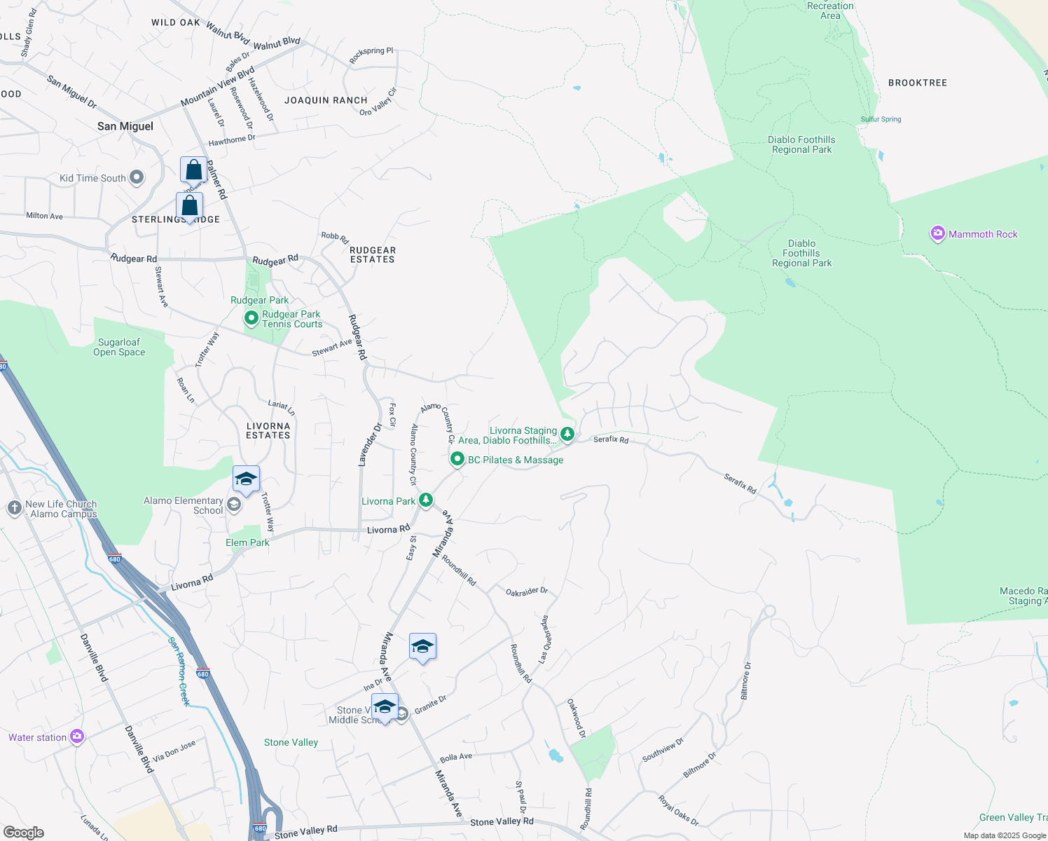 map of restaurants, bars, coffee shops, grocery stores, and more near 374 James Bowie Court in Alamo