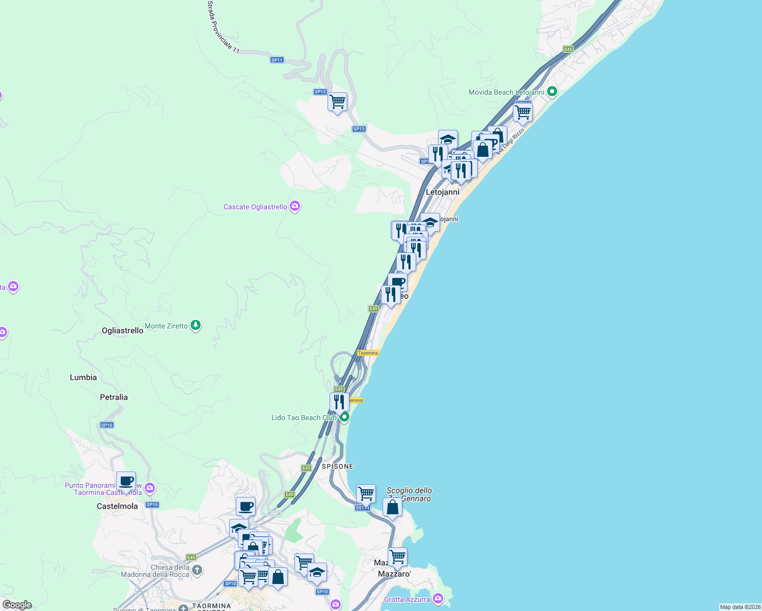 map of restaurants, bars, coffee shops, grocery stores, and more near 203 Via Nazionale in Mazzeo
