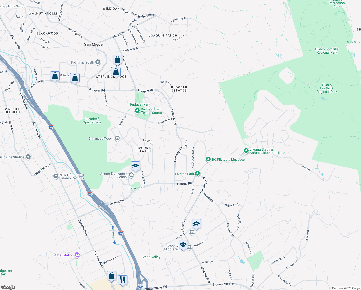 map of restaurants, bars, coffee shops, grocery stores, and more near 2583 Lavender Drive in Walnut Creek