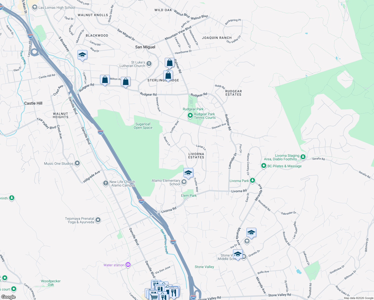 map of restaurants, bars, coffee shops, grocery stores, and more near 645 Appaloosa Drive in Walnut Creek