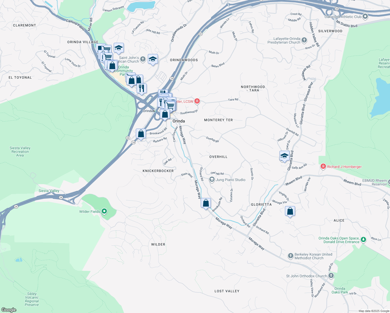 map of restaurants, bars, coffee shops, grocery stores, and more near 131 Moraga Way in Orinda