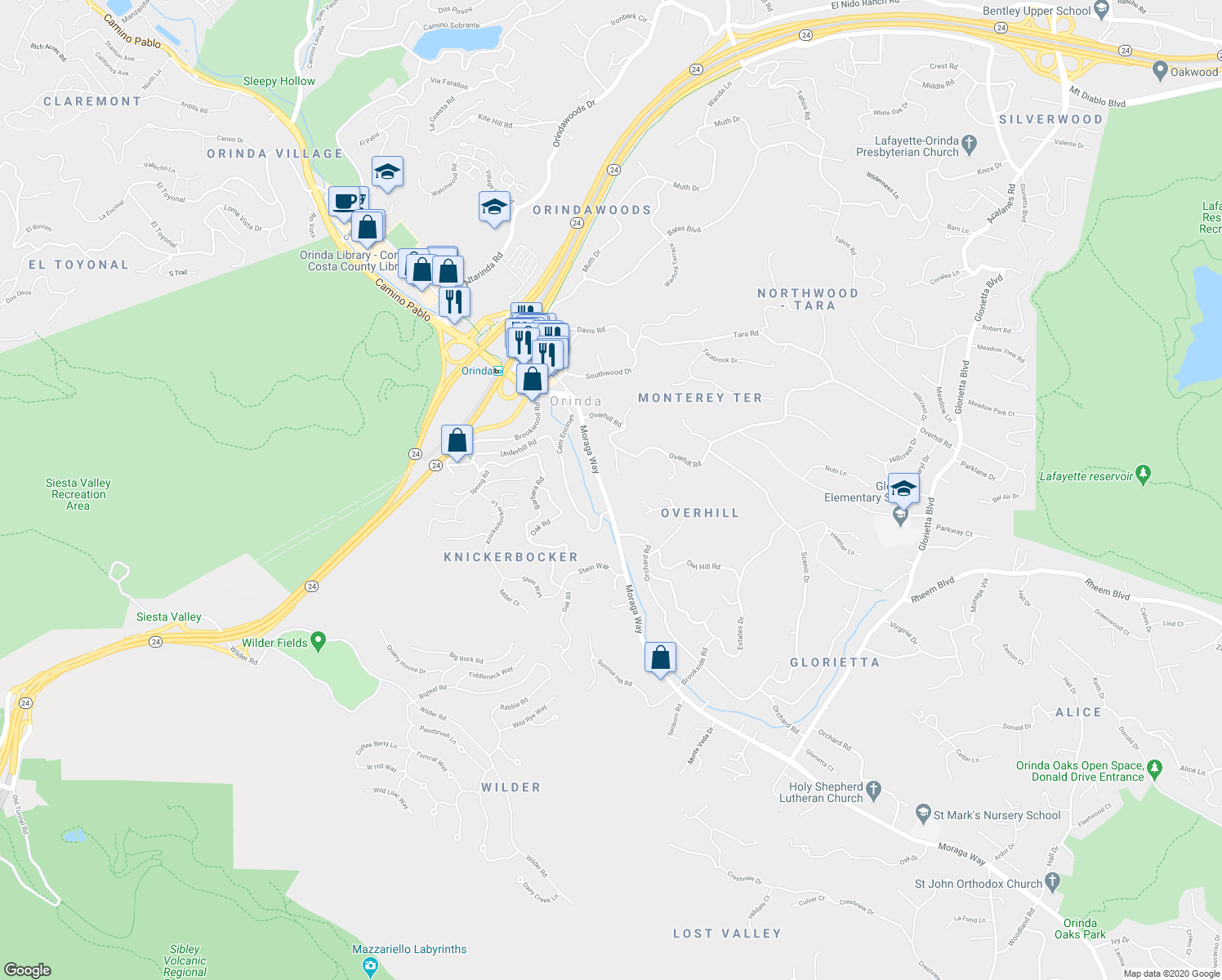 map of restaurants, bars, coffee shops, grocery stores, and more near 123 Moraga Way in Orinda