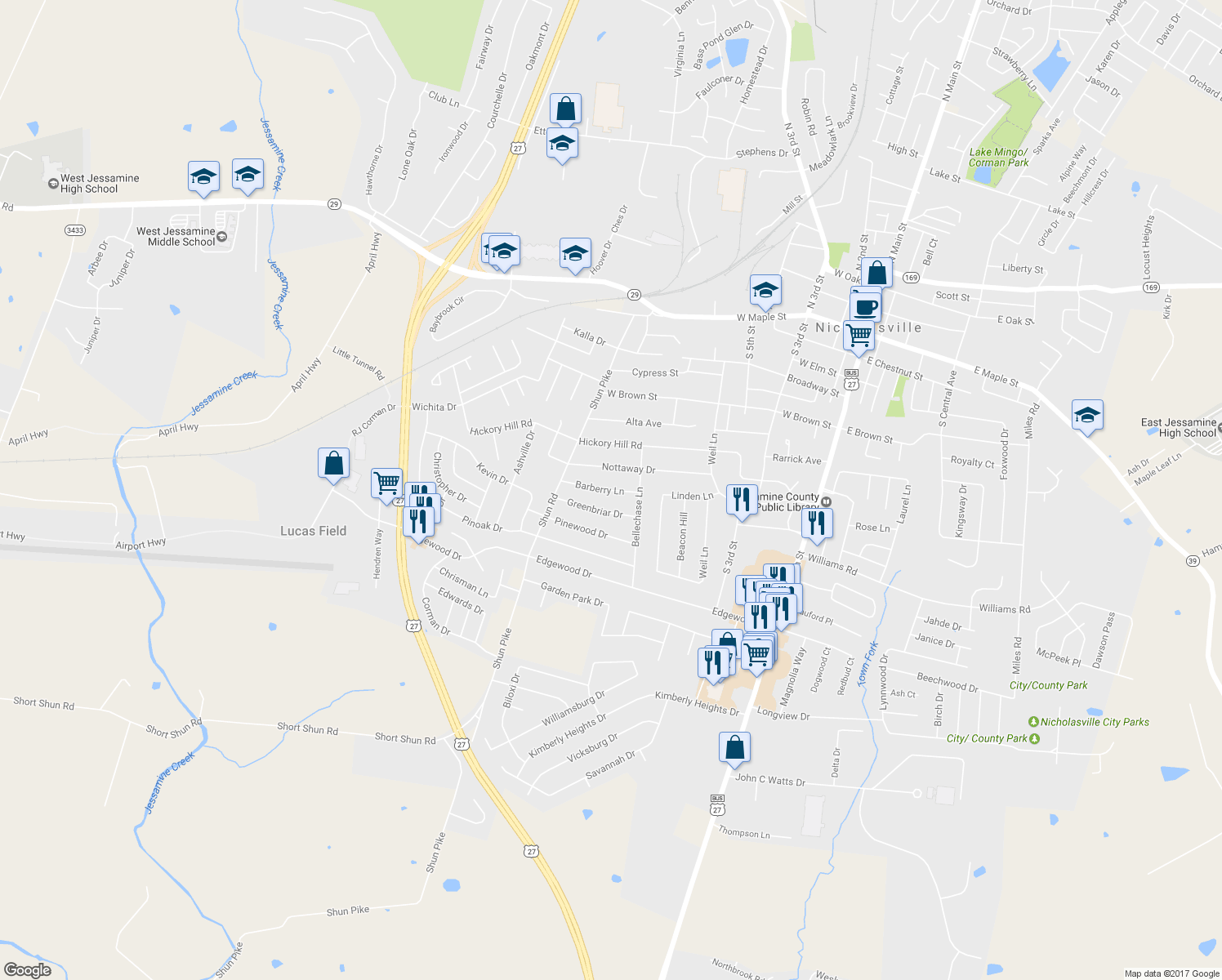 map of restaurants, bars, coffee shops, grocery stores, and more near 506 Barberry Lane in Nicholasville