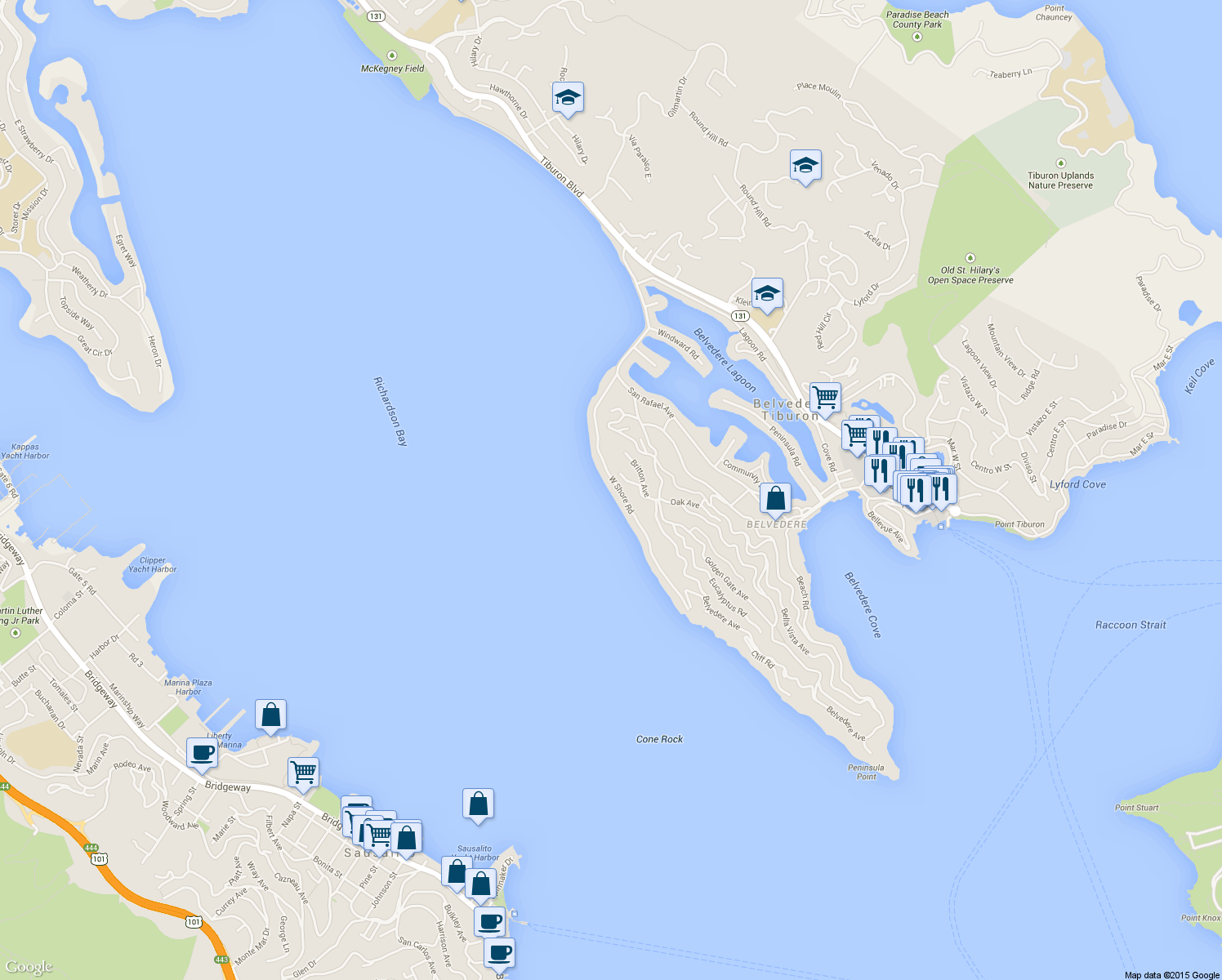 map of restaurants, bars, coffee shops, grocery stores, and more near 47 West Shore Road in Belvedere Tiburon