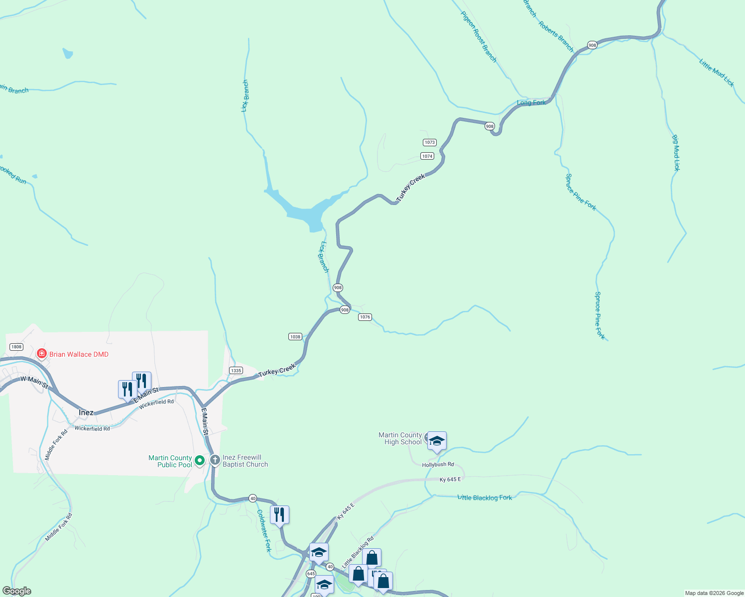 map of restaurants, bars, coffee shops, grocery stores, and more near 189 Harvey Horn Drive in Inez