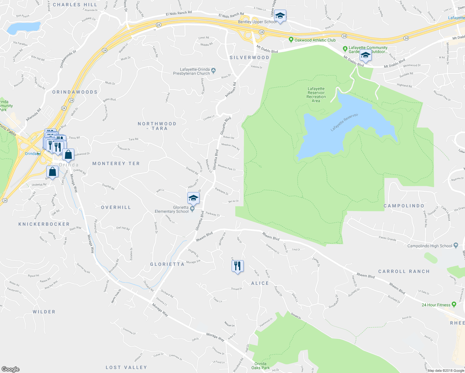 map of restaurants, bars, coffee shops, grocery stores, and more near 33 Parklane Drive in Orinda