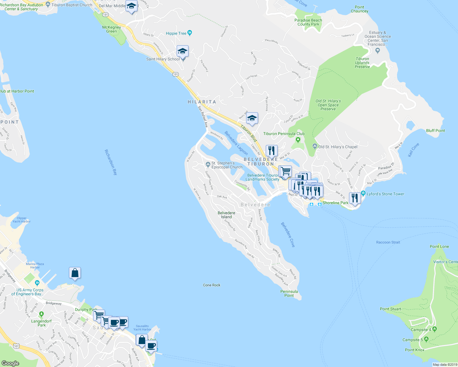map of restaurants, bars, coffee shops, grocery stores, and more near 329 San Rafael Avenue in Belvedere