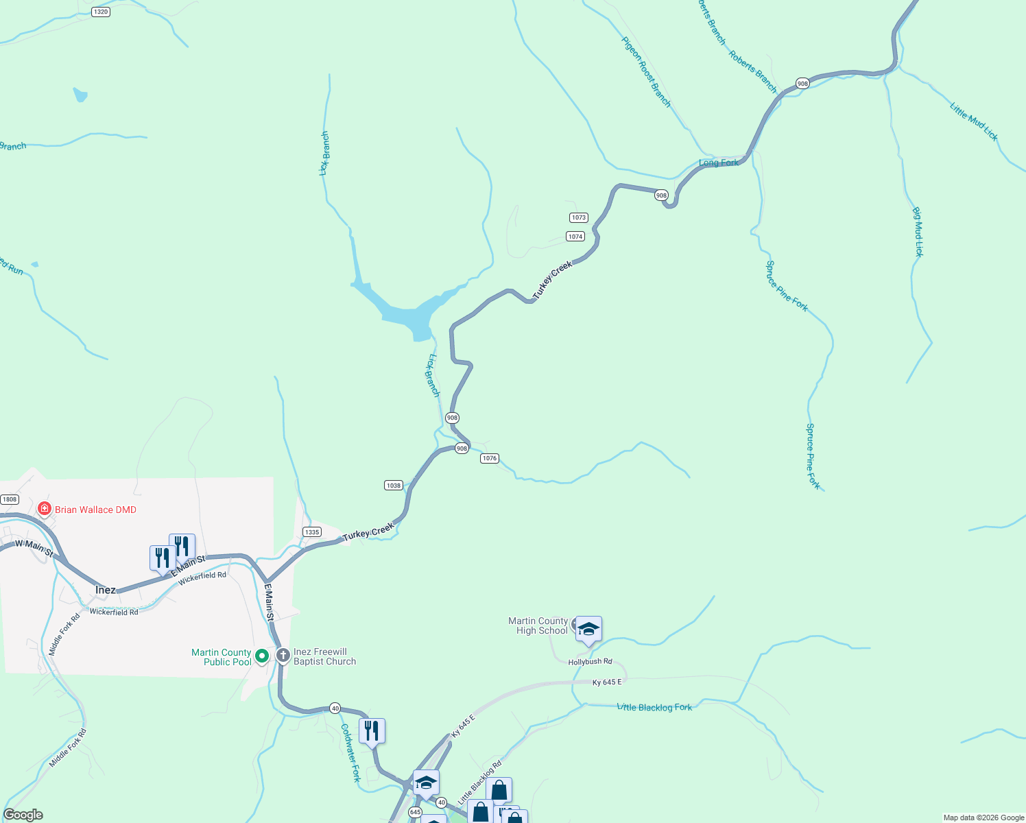 map of restaurants, bars, coffee shops, grocery stores, and more near 189 Harvey Horn Drive in Inez