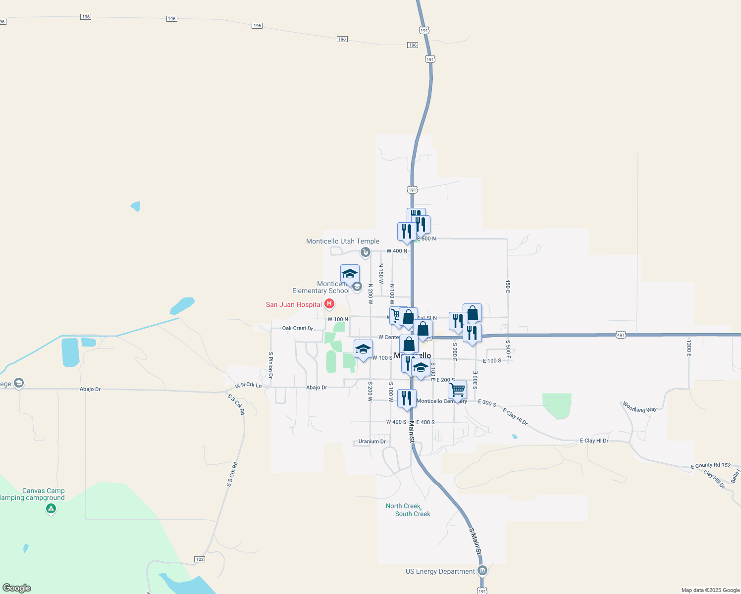 map of restaurants, bars, coffee shops, grocery stores, and more near 197 North 200 West in Monticello