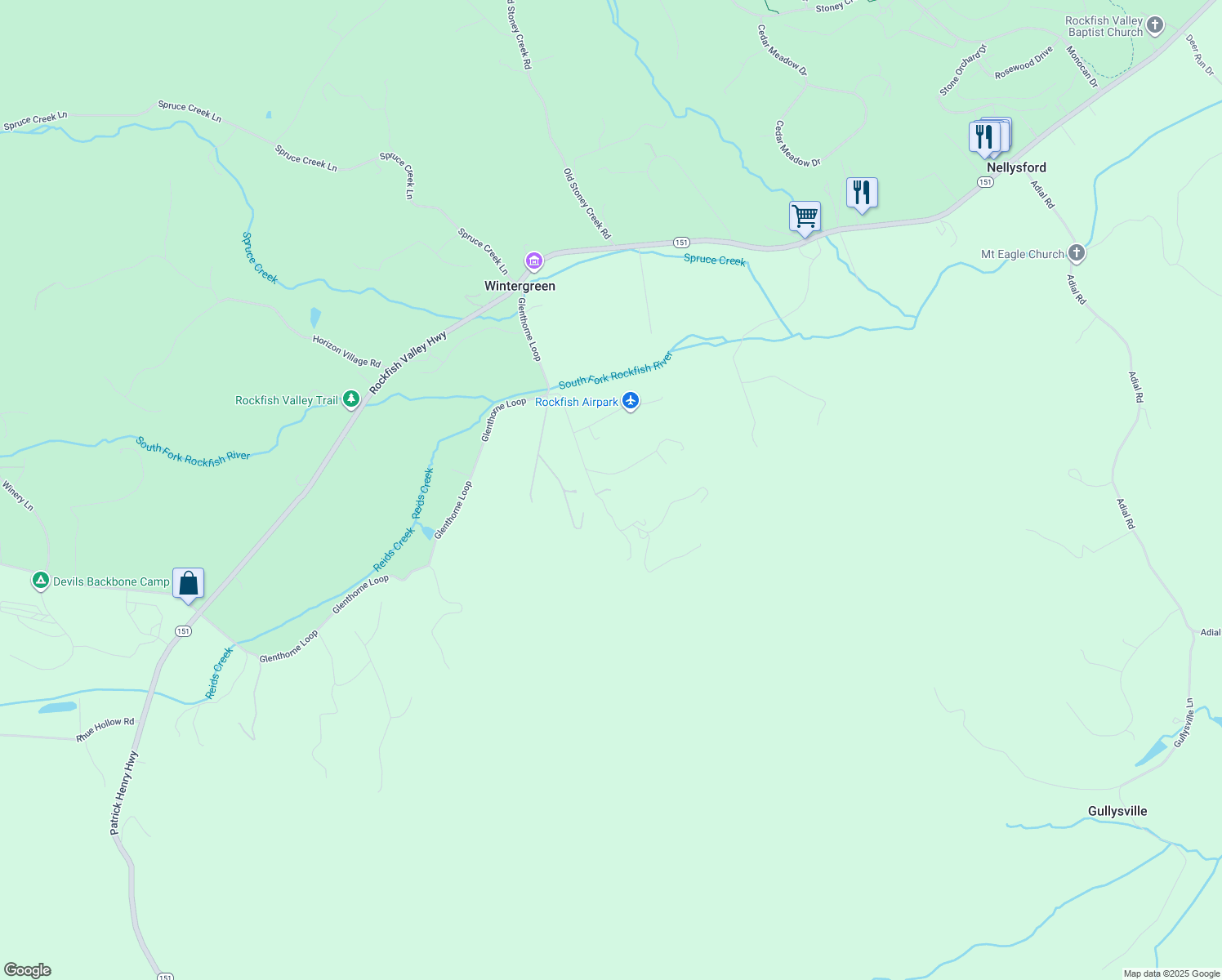 map of restaurants, bars, coffee shops, grocery stores, and more near 298 Graywinds Lane in Nellysford