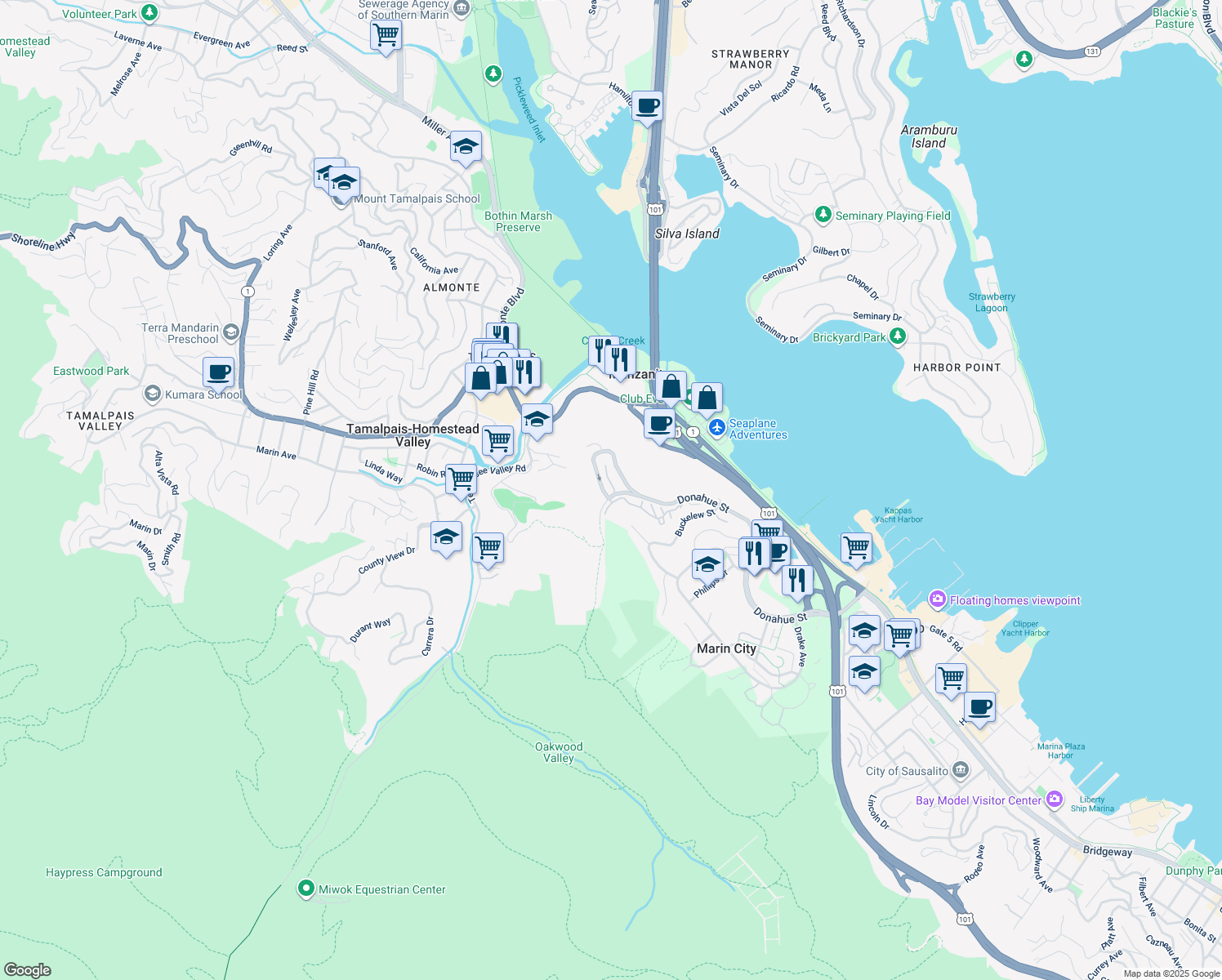 map of restaurants, bars, coffee shops, grocery stores, and more near 155 Headlands Court in Sausalito