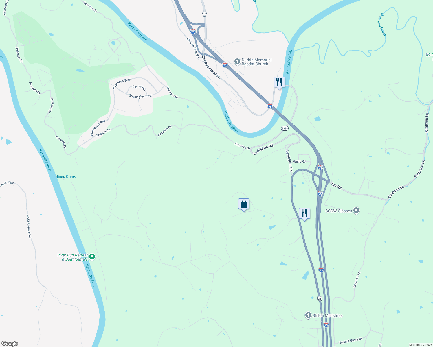 map of restaurants, bars, coffee shops, grocery stores, and more near 621 Persimmon Ridge Trail in Richmond