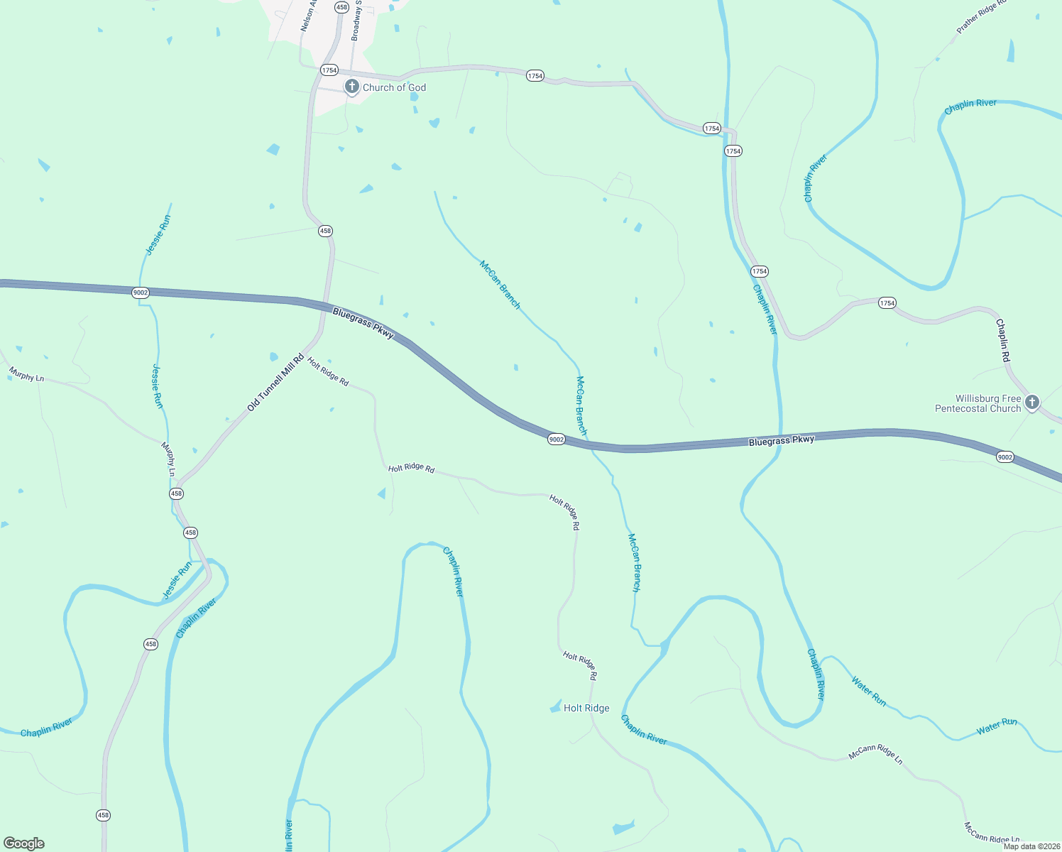 map of restaurants, bars, coffee shops, grocery stores, and more near Bluegrass Parkway in Chaplin
