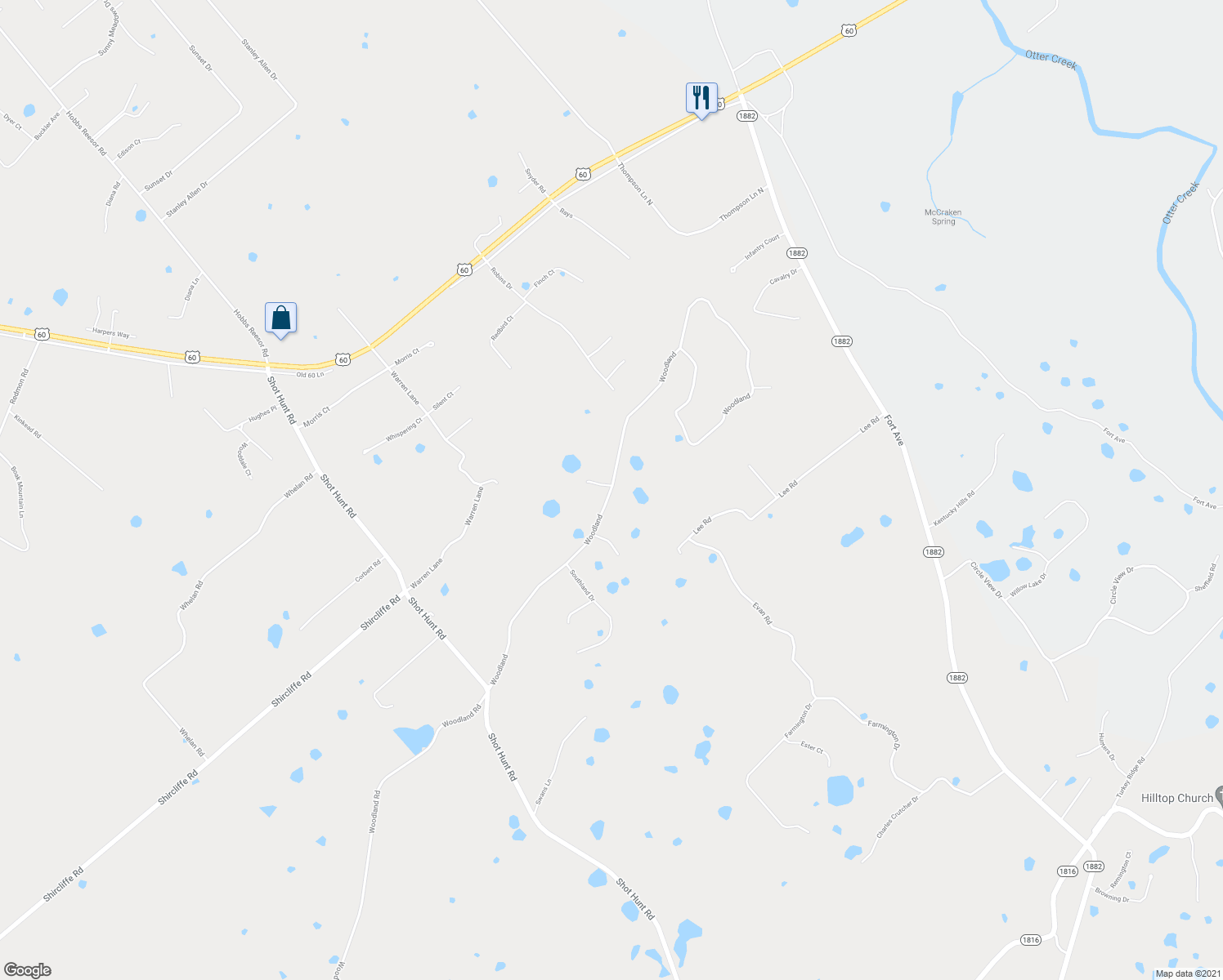 map of restaurants, bars, coffee shops, grocery stores, and more near Woodland in Vine Grove