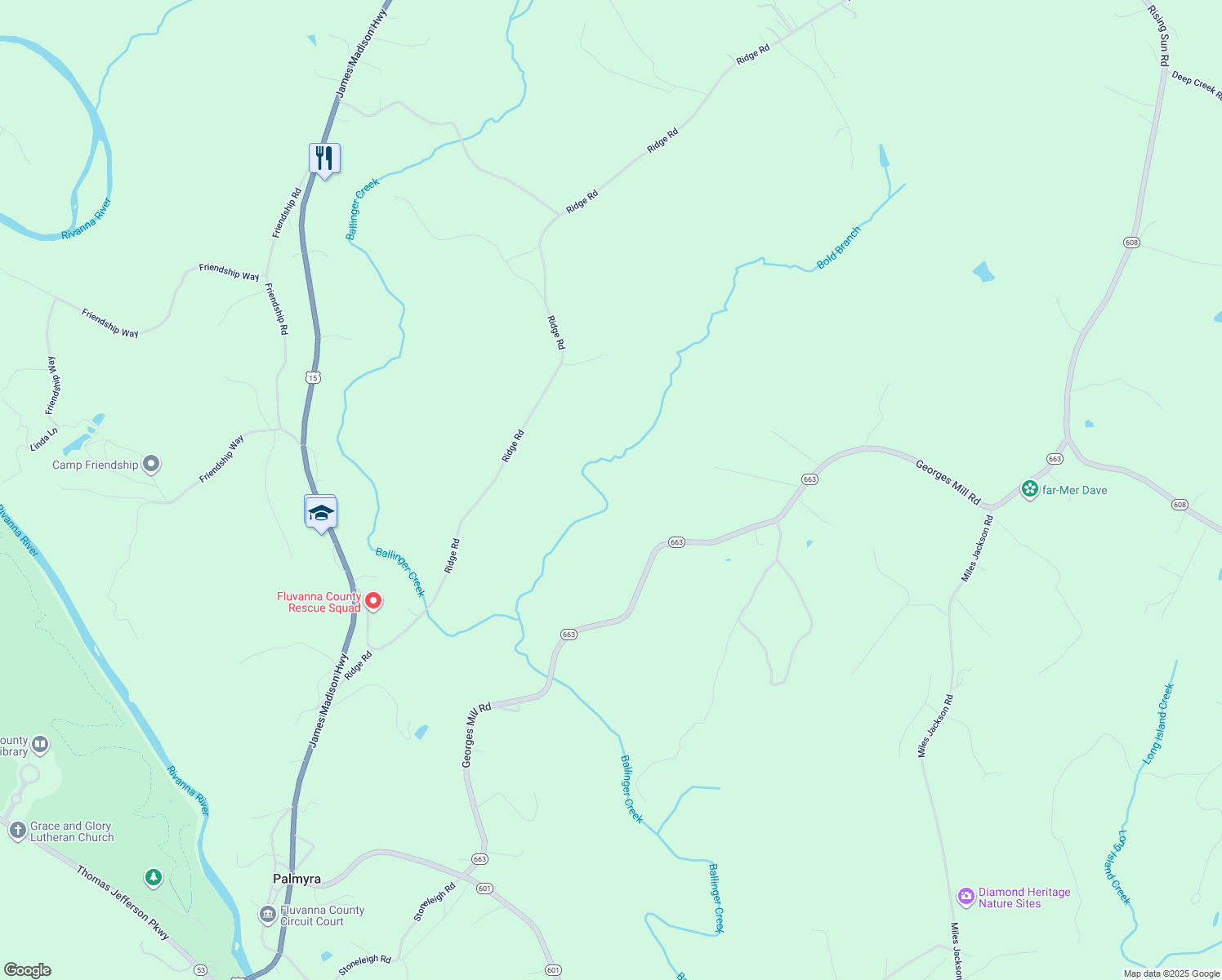 map of restaurants, bars, coffee shops, grocery stores, and more near 1566 Georges Mill Road in Palmyra