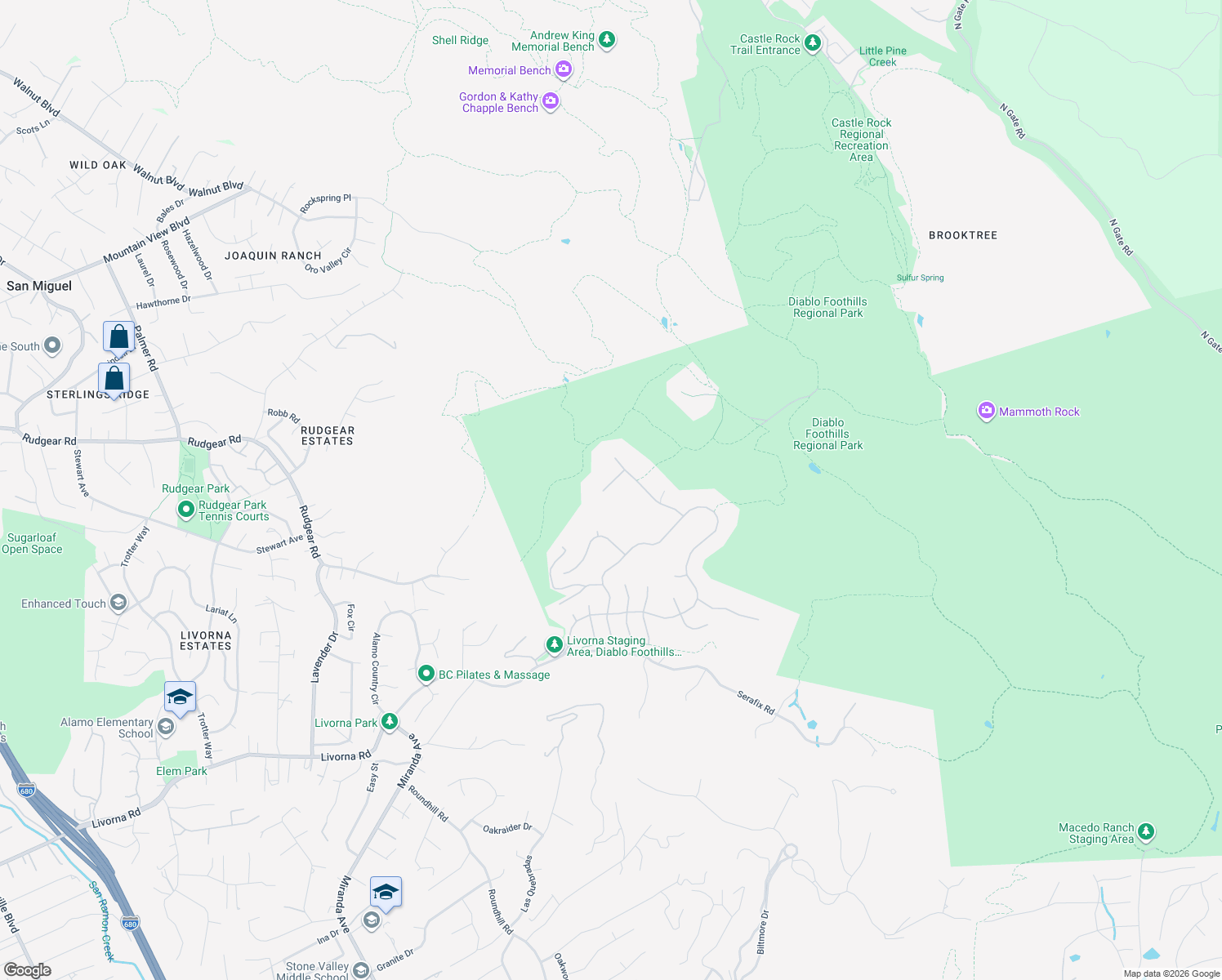 map of restaurants, bars, coffee shops, grocery stores, and more near 294 Barrington Lane in Alamo
