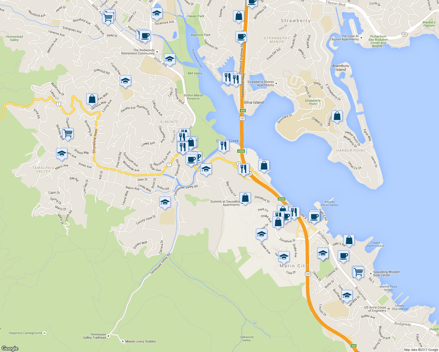 map of restaurants, bars, coffee shops, grocery stores, and more near 4 Ridgeview Ct in Sausalito