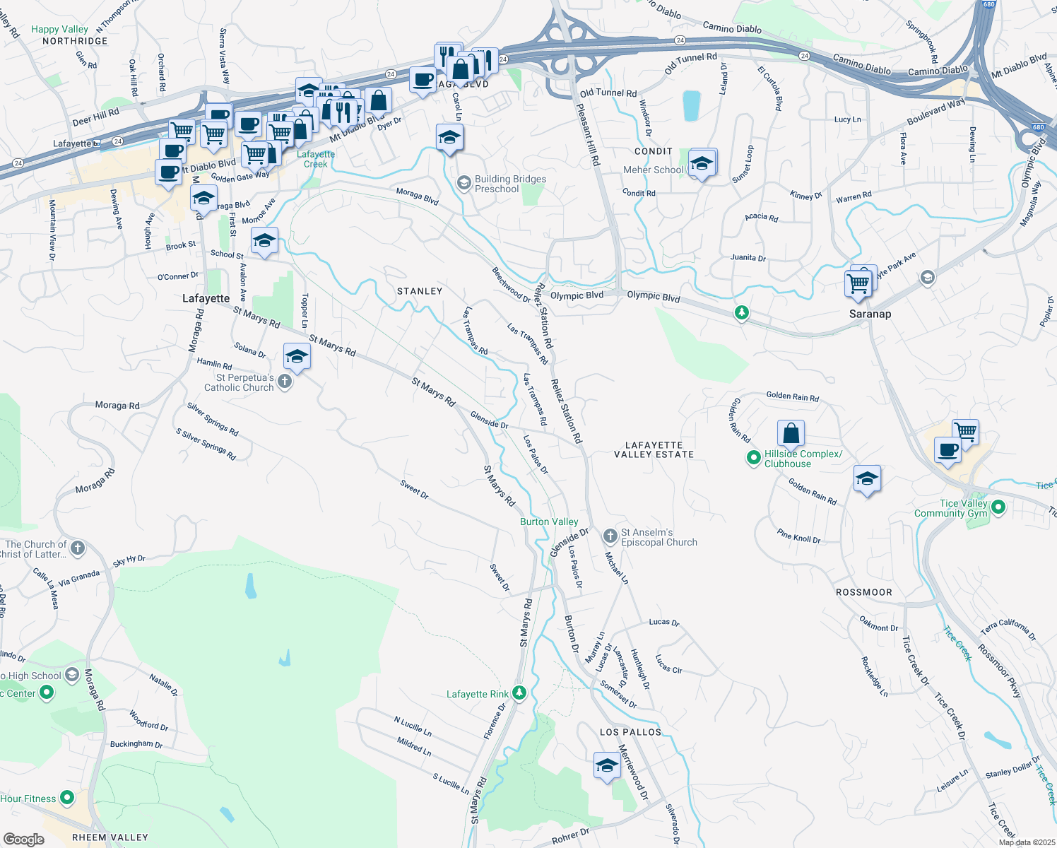map of restaurants, bars, coffee shops, grocery stores, and more near 3244 Glenside Dr in Lafayette