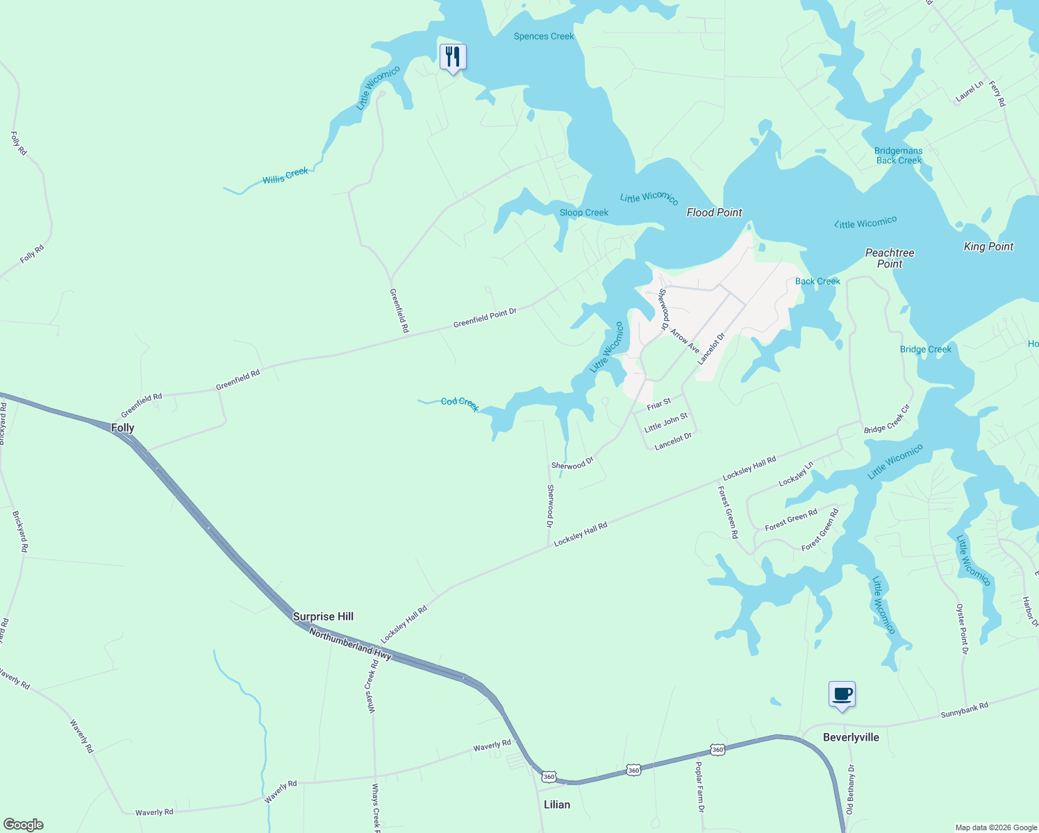 map of restaurants, bars, coffee shops, grocery stores, and more near 200 Nottingham Road in Reedville