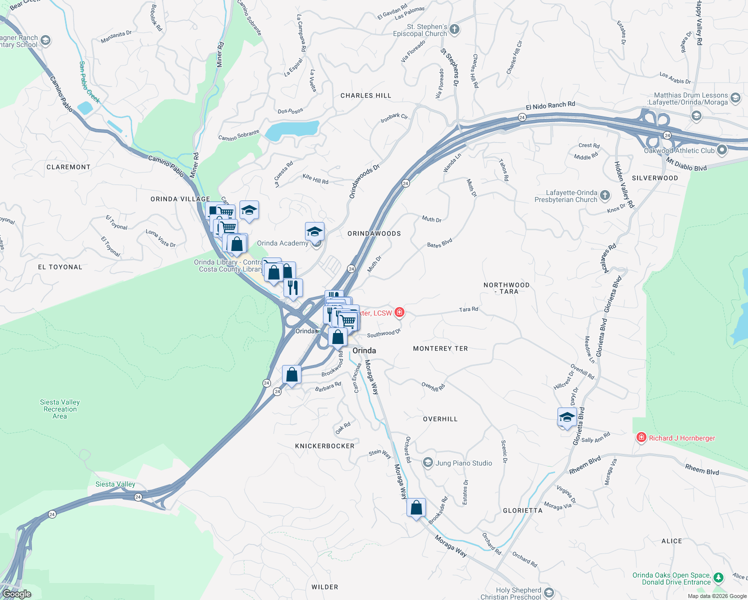 map of restaurants, bars, coffee shops, grocery stores, and more near 72 Davis Road in Orinda