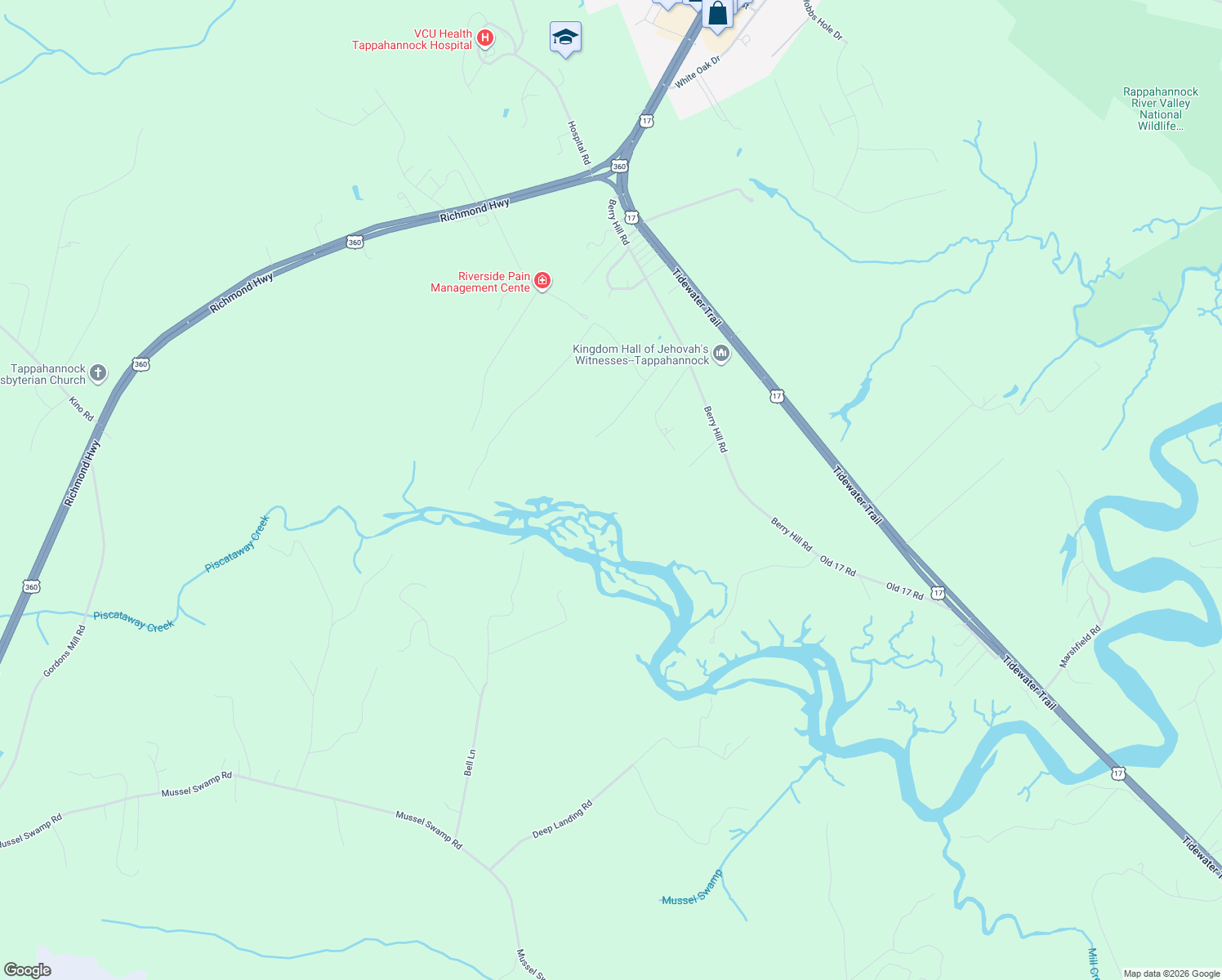 map of restaurants, bars, coffee shops, grocery stores, and more near 576-1054 Berry Hill Road in Tappahannock