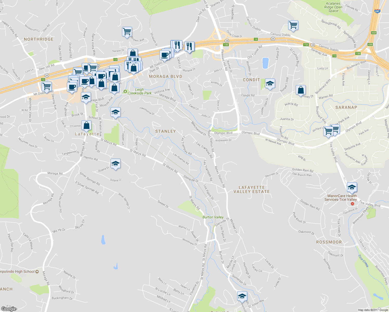 map of restaurants, bars, coffee shops, grocery stores, and more near 771 Las Trampas Road in Lafayette