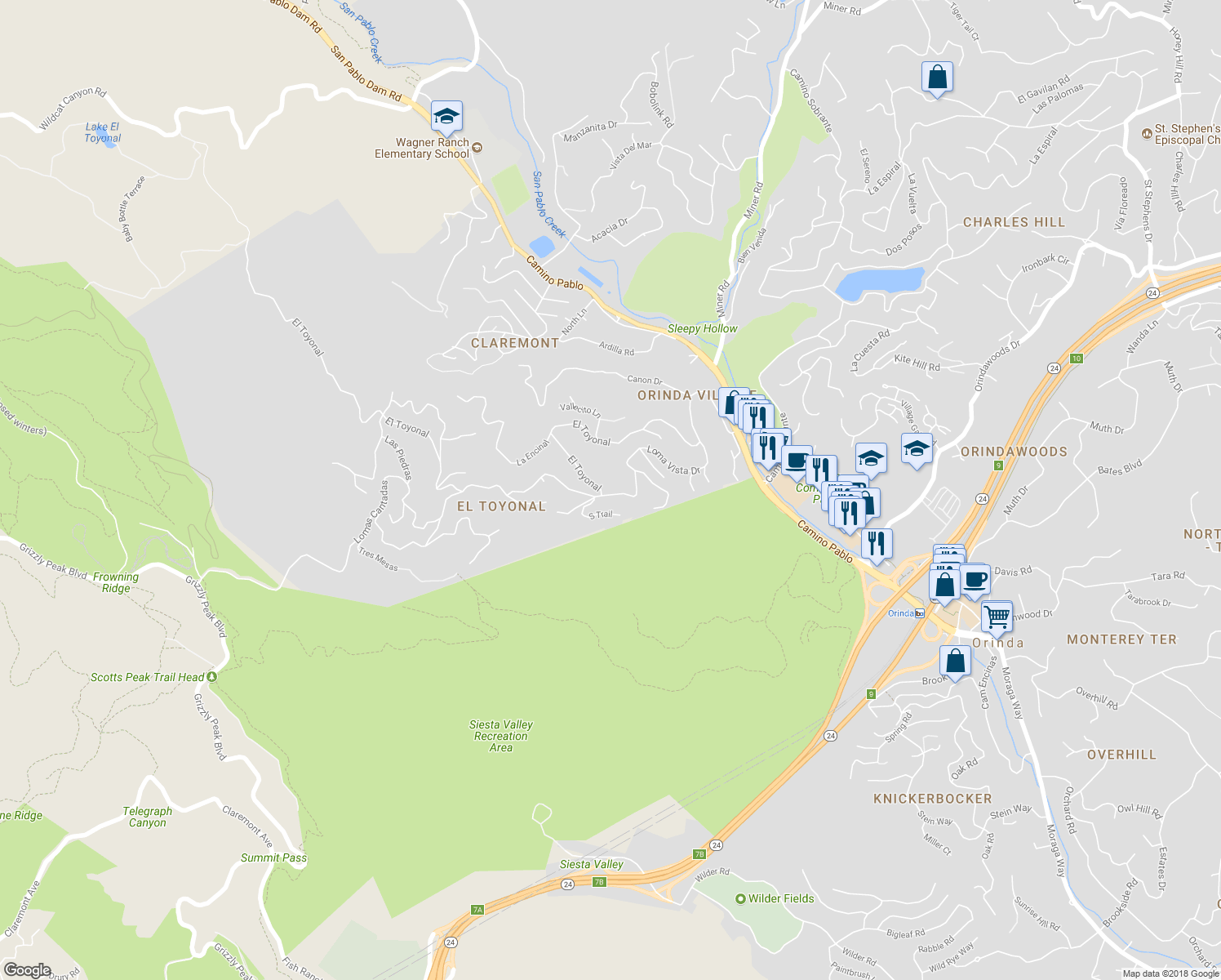 map of restaurants, bars, coffee shops, grocery stores, and more near 90 Loma Vista Drive in Orinda