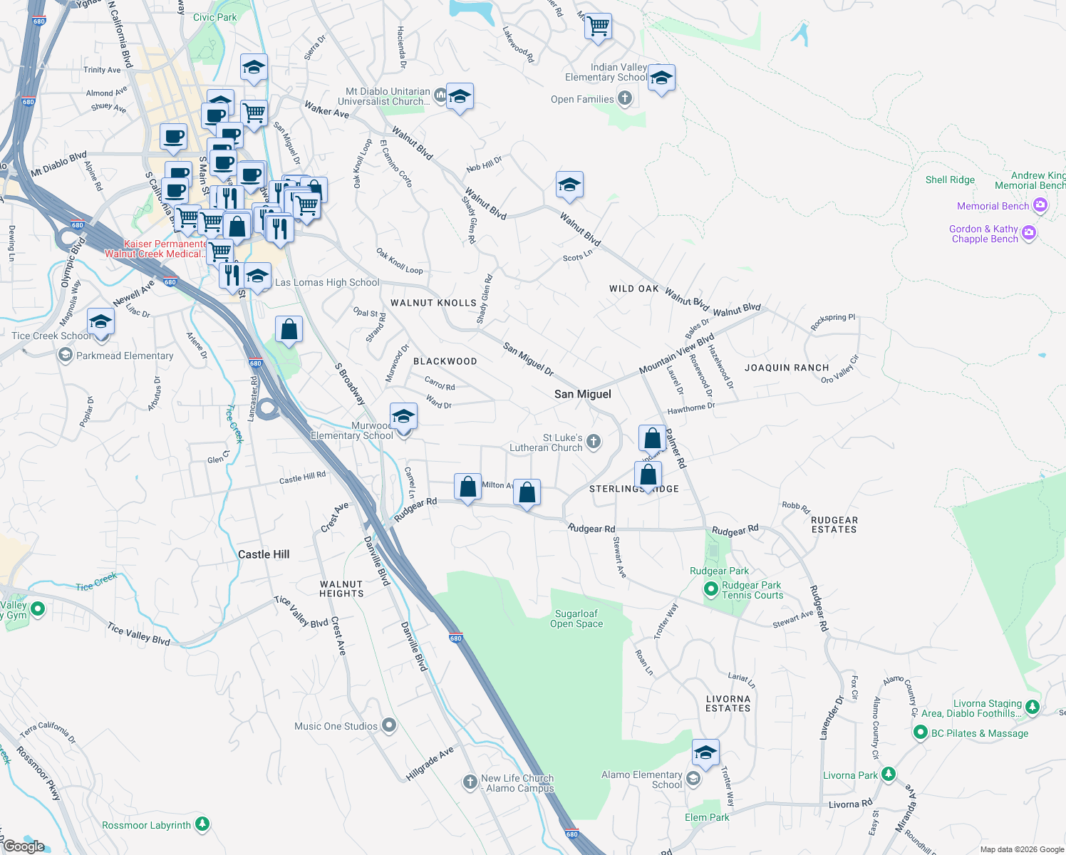 map of restaurants, bars, coffee shops, grocery stores, and more near 10 Aloyse Court in Walnut Creek