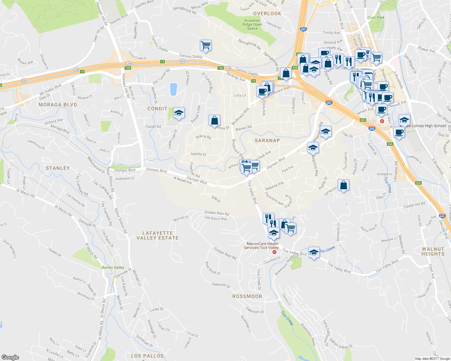 map of restaurants, bars, coffee shops, grocery stores, and more near 3343 Freeman Road in Walnut Creek