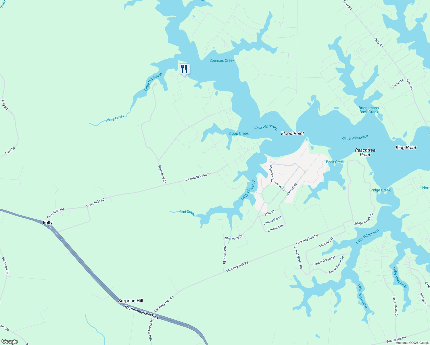 map of restaurants, bars, coffee shops, grocery stores, and more near Greenfield Point Drive in Reedville