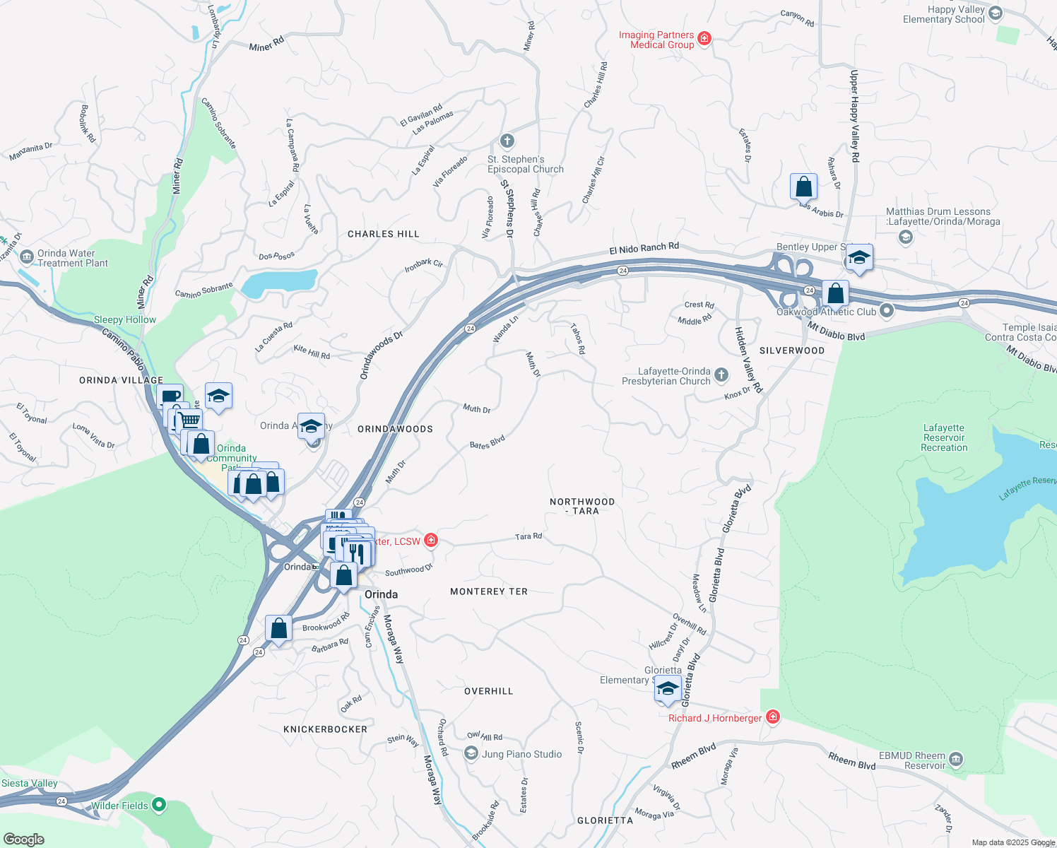 map of restaurants, bars, coffee shops, grocery stores, and more near 56 Bates Blvd in Orinda