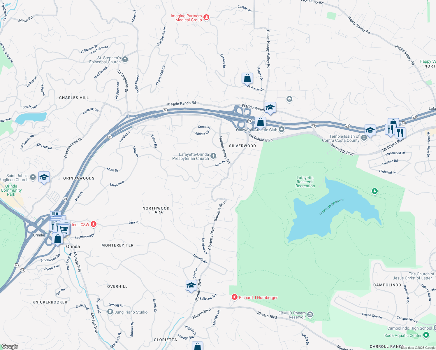 map of restaurants, bars, coffee shops, grocery stores, and more near 876 Revere Road in Lafayette