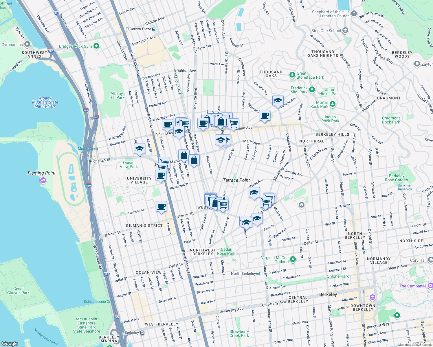 map of restaurants, bars, coffee shops, grocery stores, and more near 1046 Santa Fe Avenue in Albany