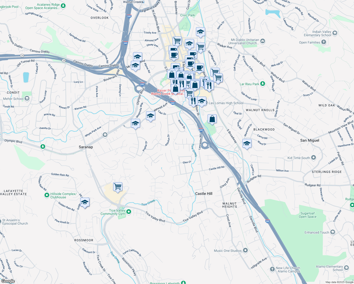 map of restaurants, bars, coffee shops, grocery stores, and more near 1720 Orchard Lane in Walnut Creek