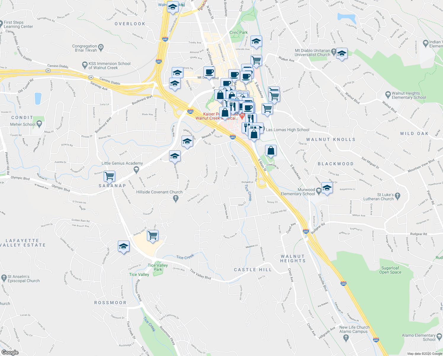 map of restaurants, bars, coffee shops, grocery stores, and more near 40 Arlene Lane in Walnut Creek