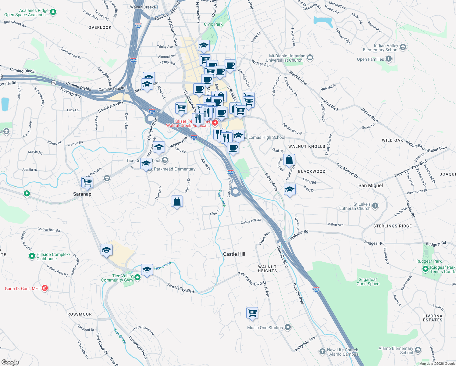 map of restaurants, bars, coffee shops, grocery stores, and more near 275 Lancaster Road in Walnut Creek