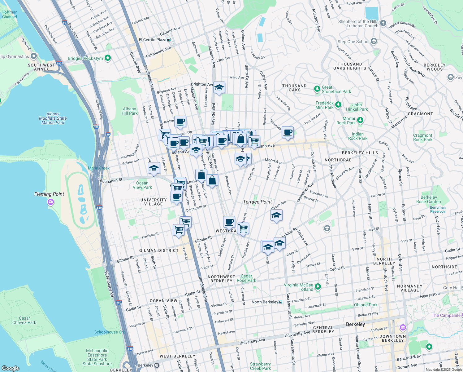 map of restaurants, bars, coffee shops, grocery stores, and more near 1029 Pomona Ave in Albany