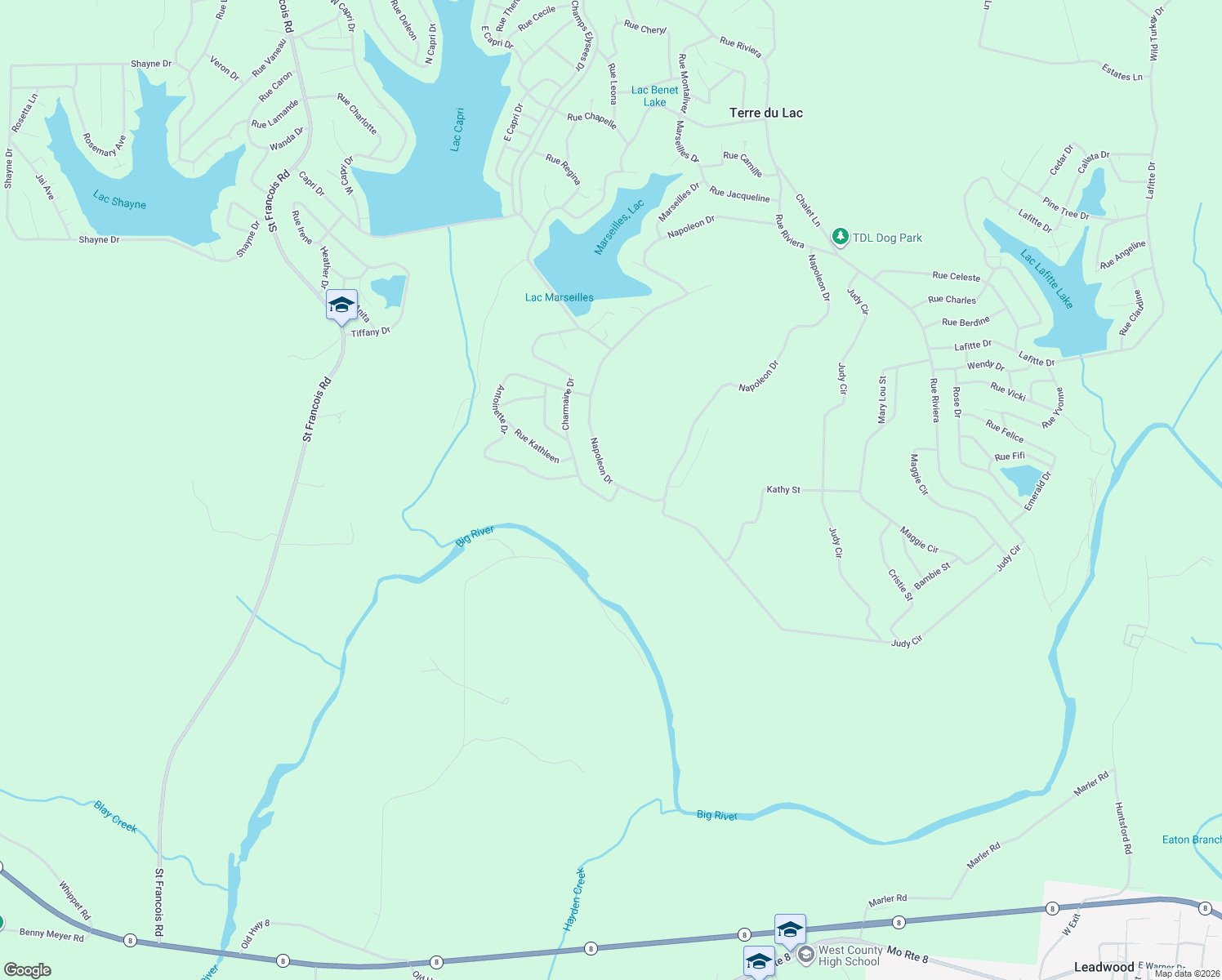 map of restaurants, bars, coffee shops, grocery stores, and more near 1425 Napoleon Drive in Bonne Terre