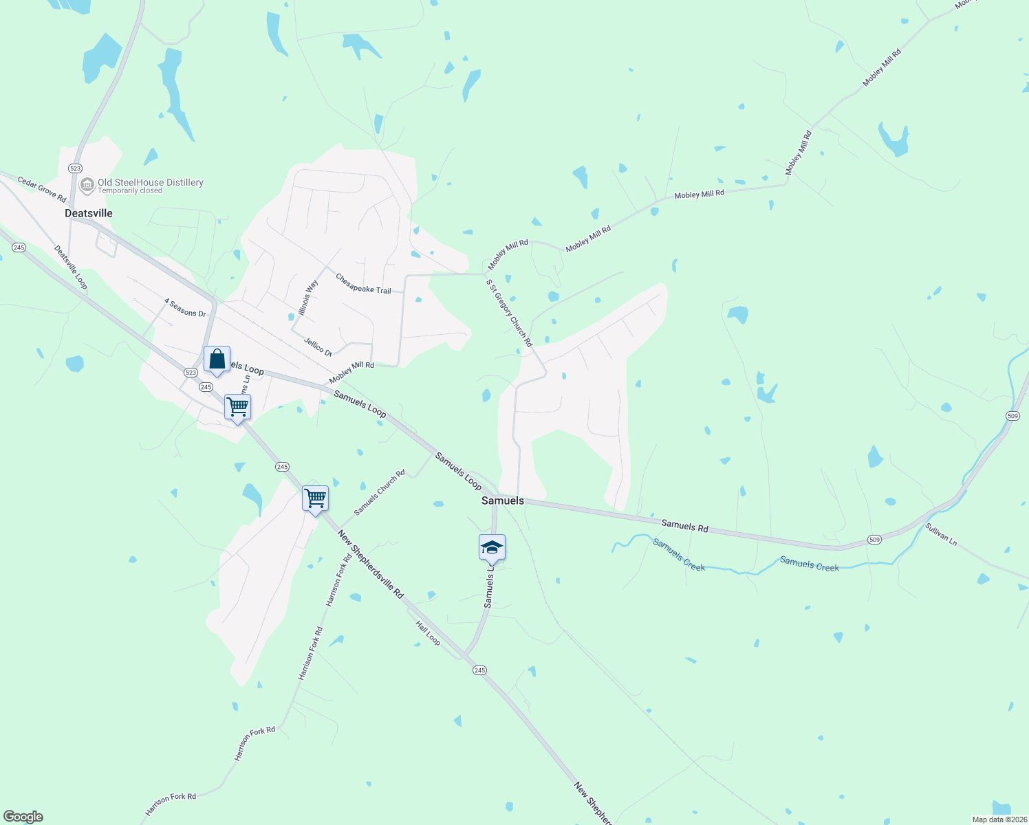 map of restaurants, bars, coffee shops, grocery stores, and more near 489 S St Gregory Church Rd in Nelson