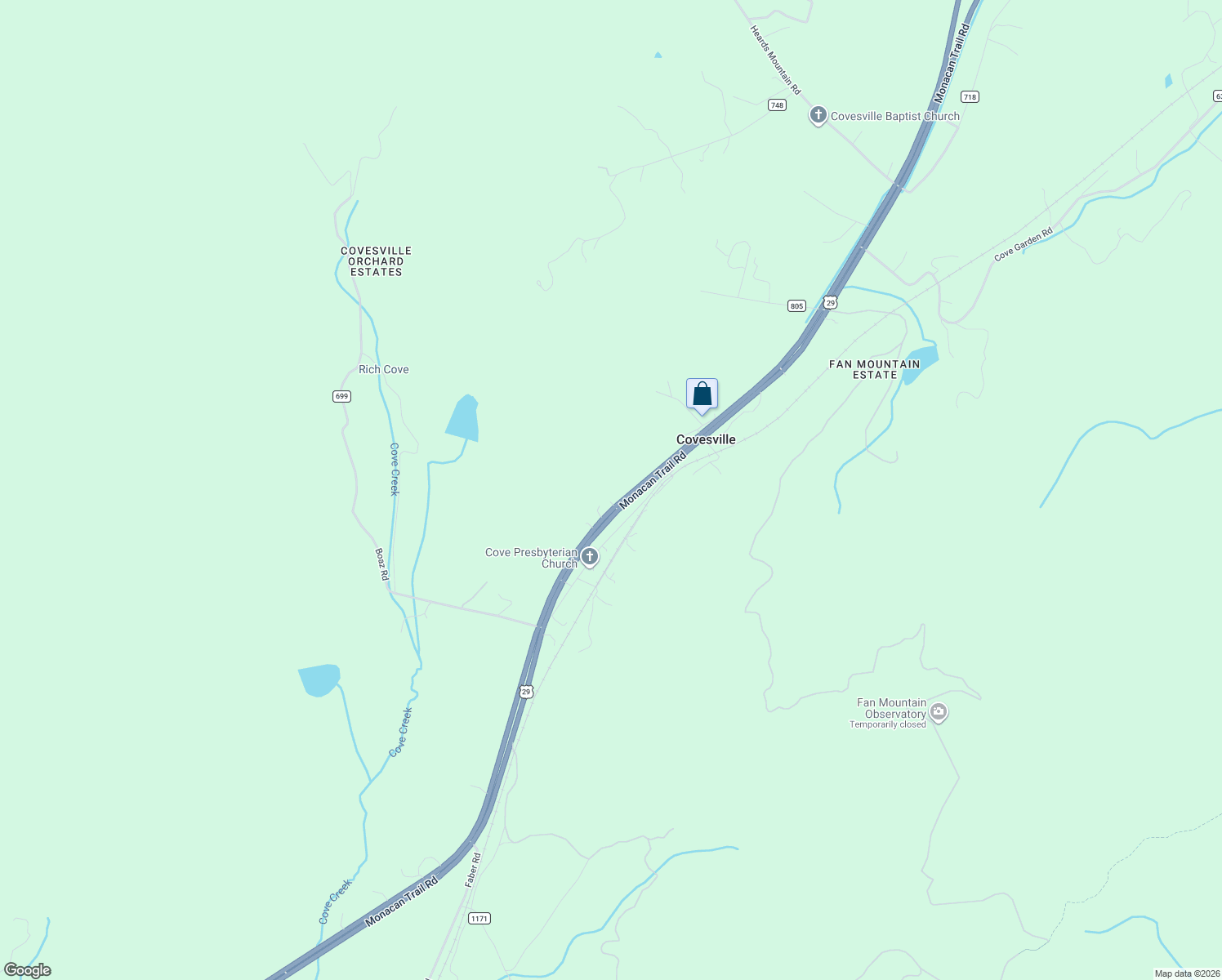 map of restaurants, bars, coffee shops, grocery stores, and more near 6080 Monacan Trail Road in Covesville