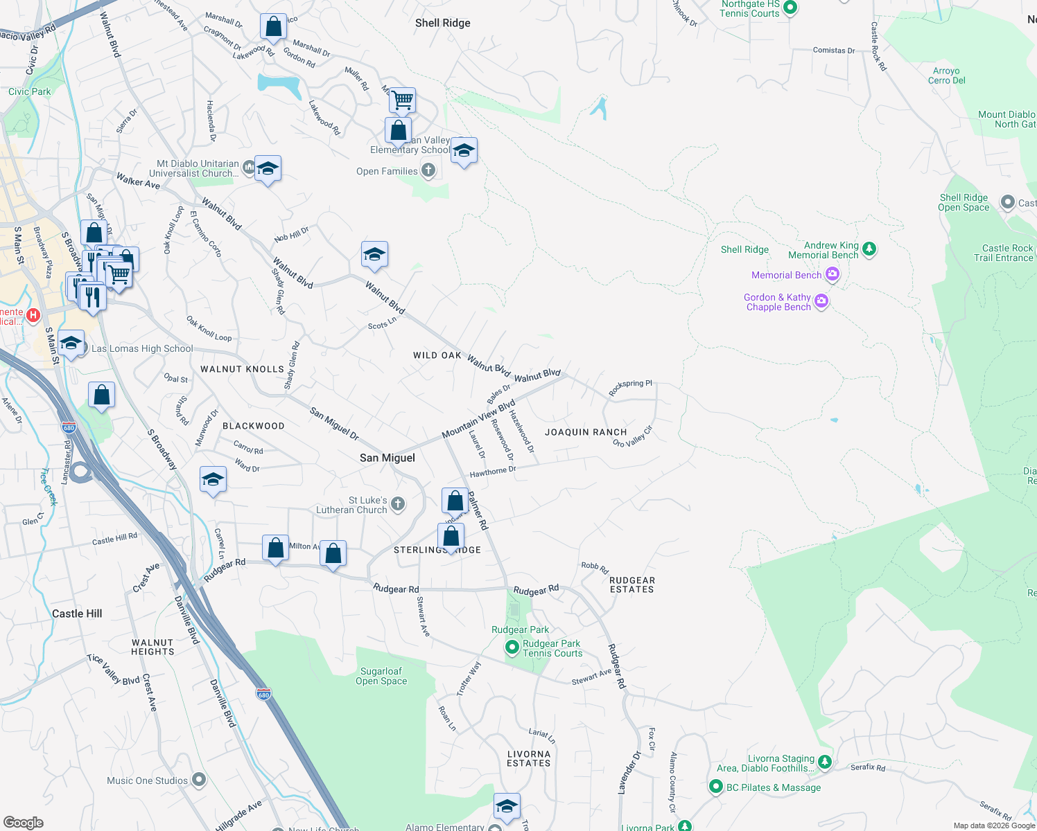 map of restaurants, bars, coffee shops, grocery stores, and more near 722 Hazelwood Drive in Walnut Creek