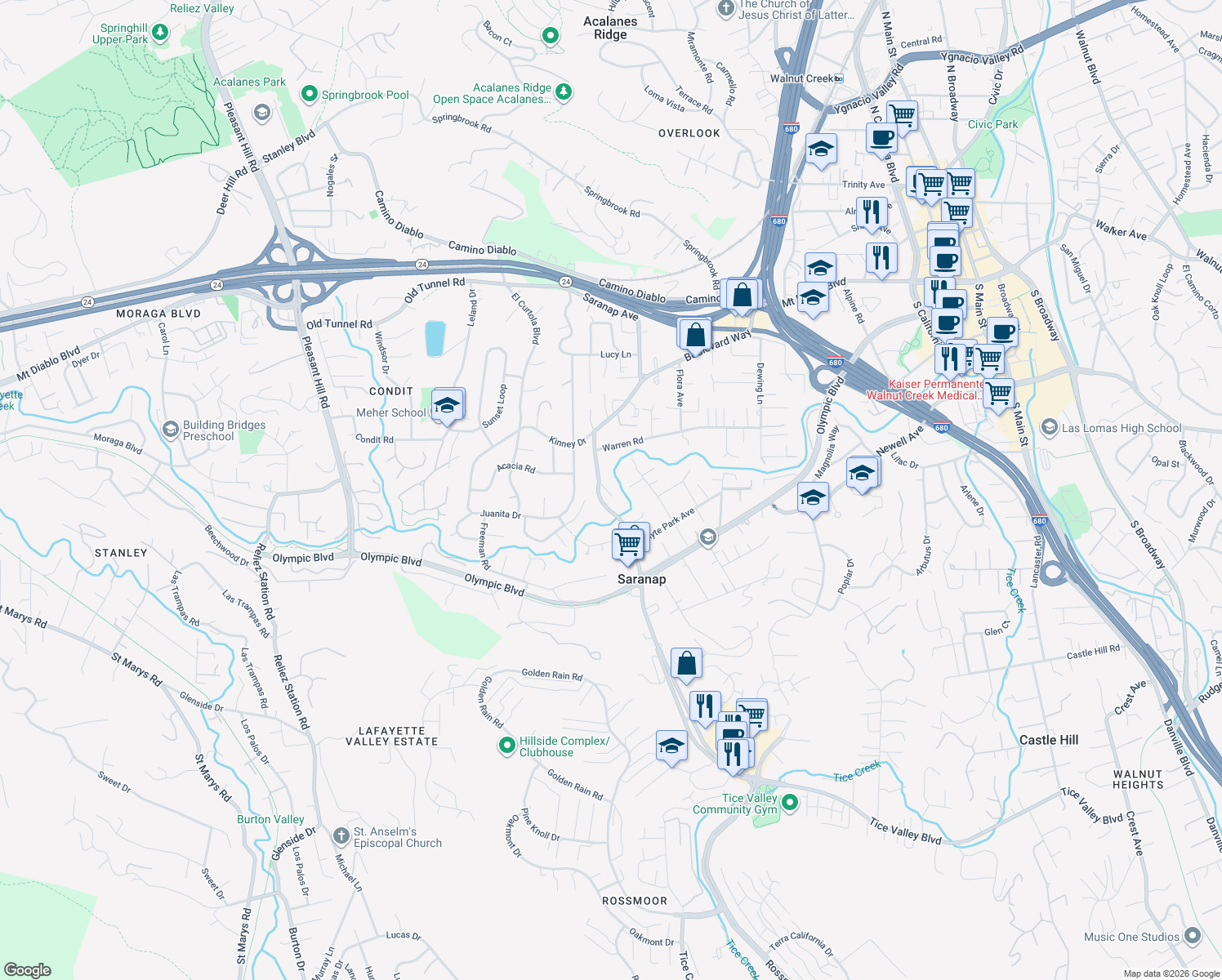 map of restaurants, bars, coffee shops, grocery stores, and more near 20 Boulevard Court in Walnut Creek
