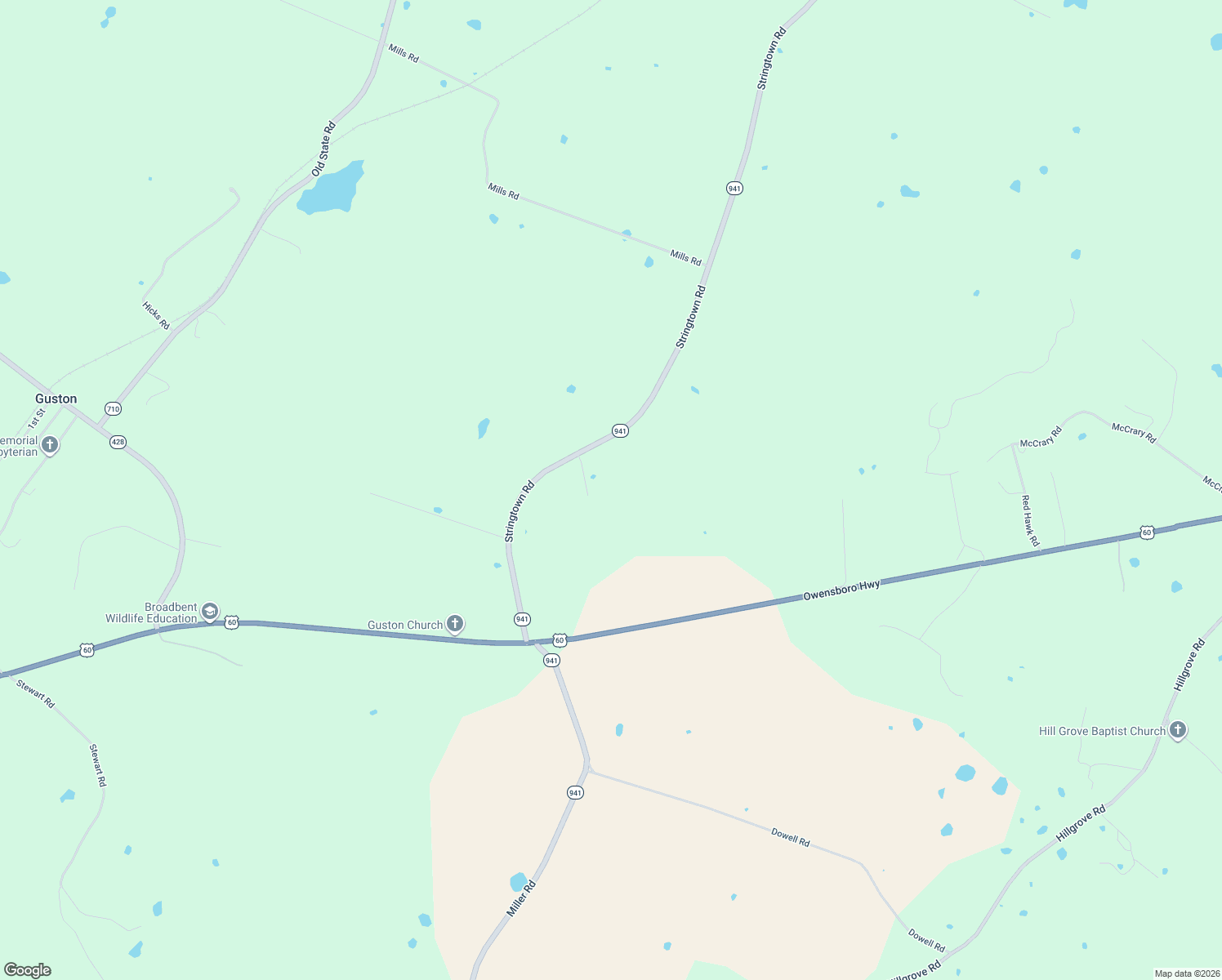 map of restaurants, bars, coffee shops, grocery stores, and more near 2824 Stringtown Road in Guston