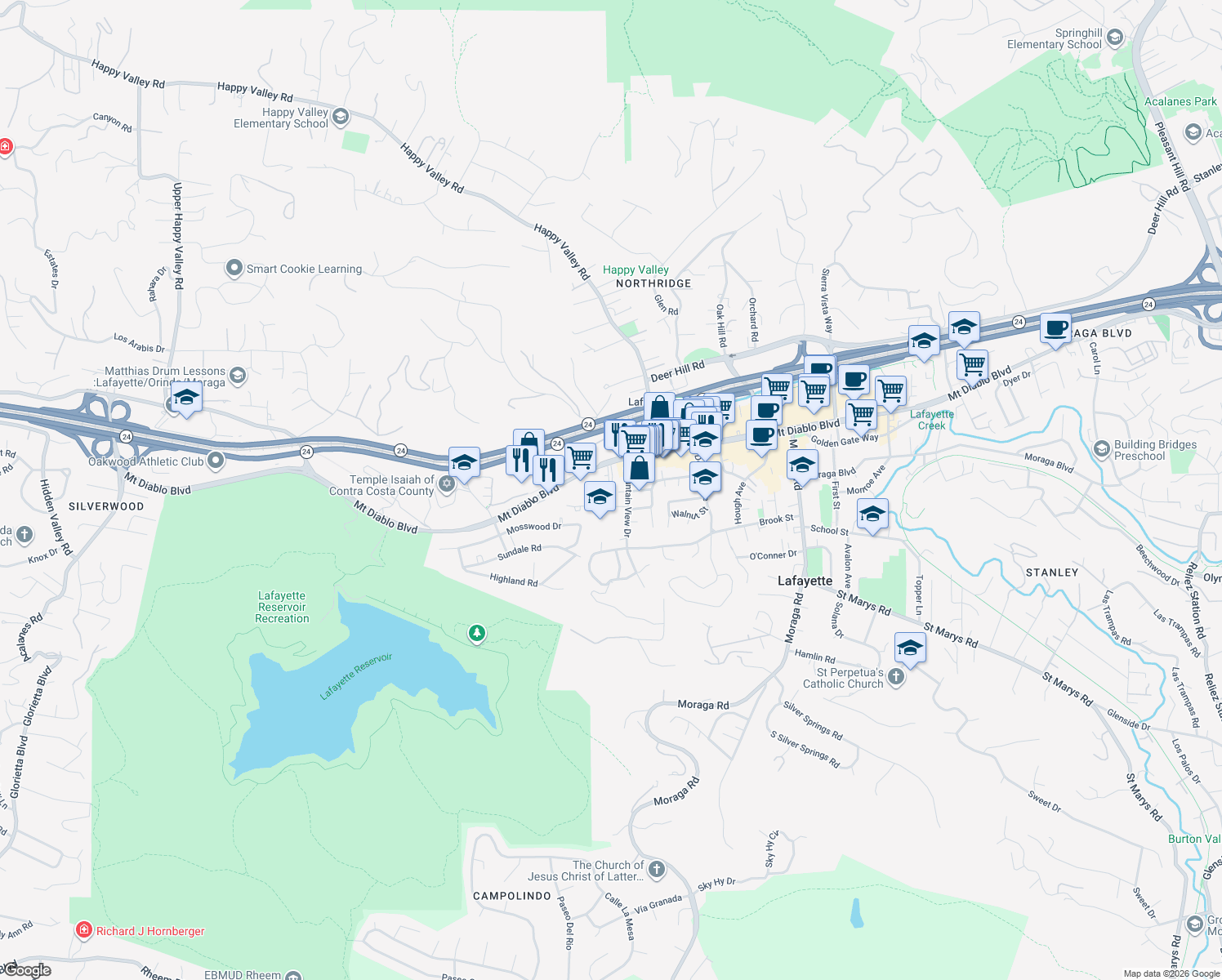 map of restaurants, bars, coffee shops, grocery stores, and more near 7 Songbird Court in Lafayette