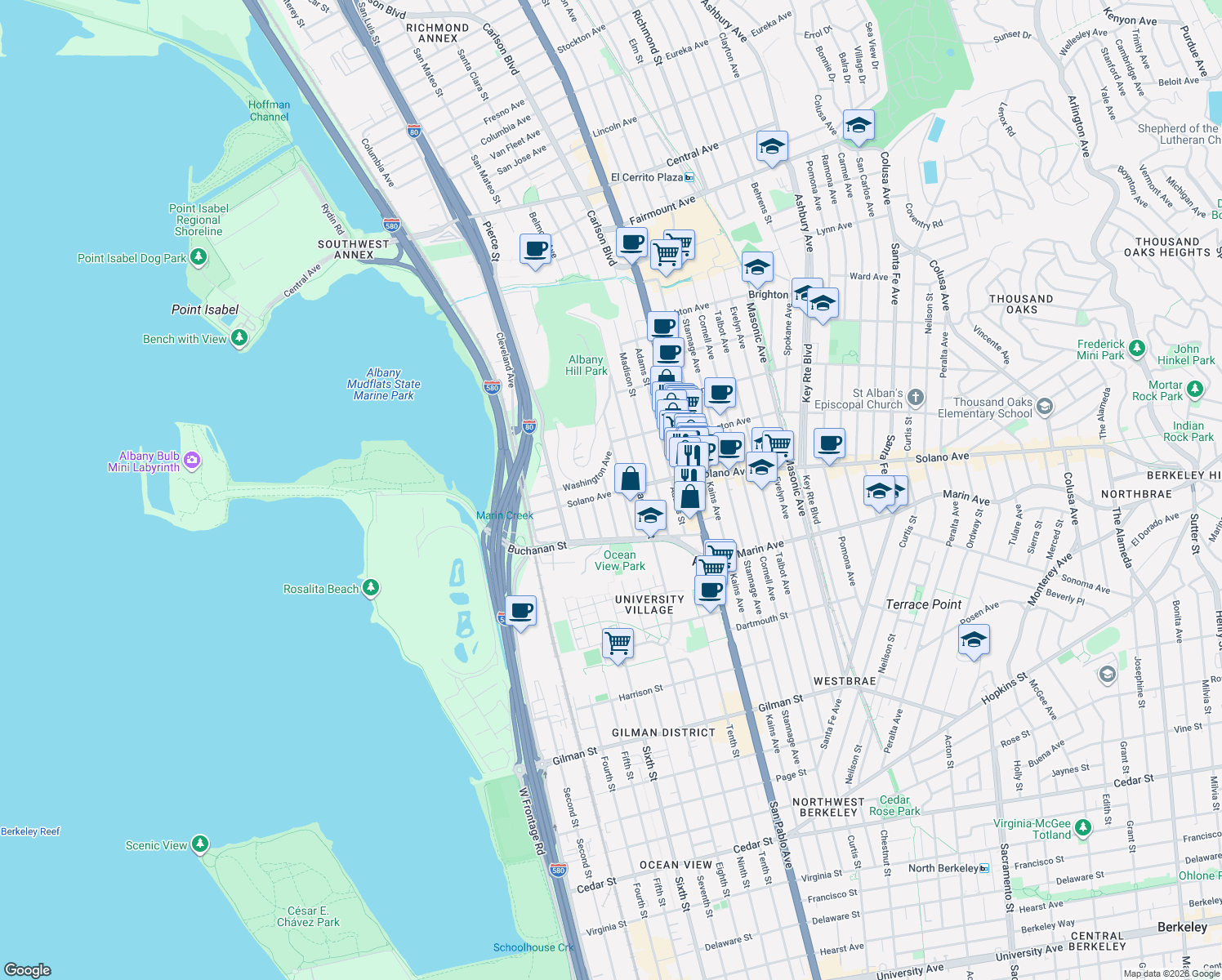 map of restaurants, bars, coffee shops, grocery stores, and more near 855 Solano Avenue in Albany